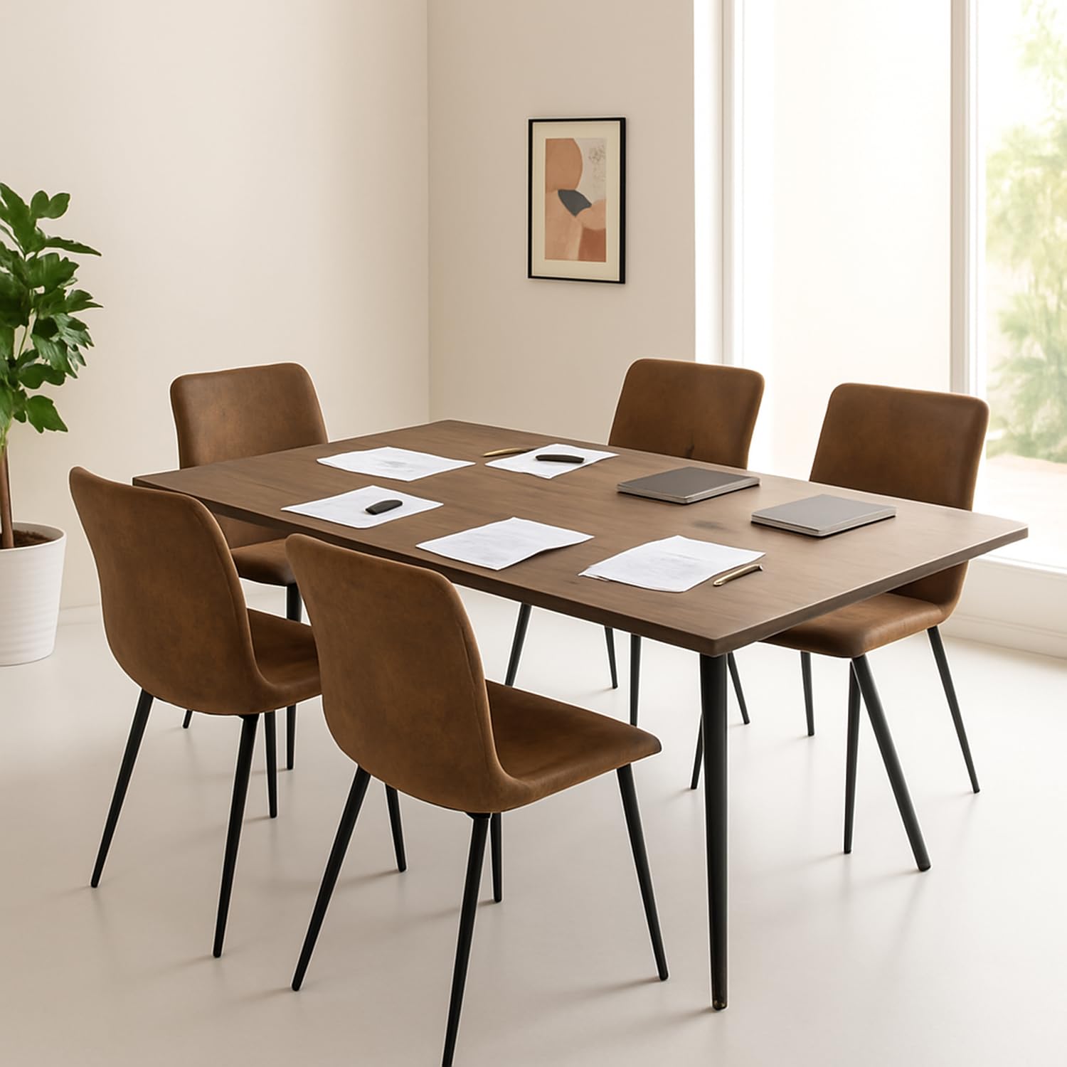 FurnitureR 4 PCS Chaises de Salles de Réunion en Marron Suède, Dossier Ergonomique Rectangulaire, Design Contemporain, Matériau en Métal Durable, pour Bureau ou Maison, Élégance et Confort