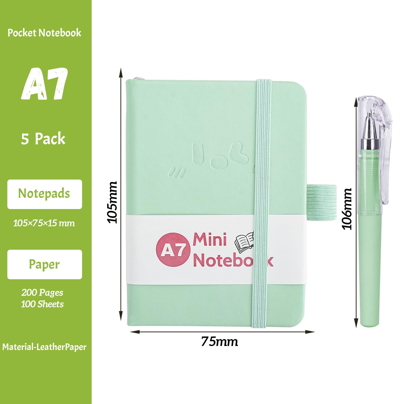 Mulaibdin 5 Pcs Pocket Notebook, Small Notebooks Pocket Size, A7 Notebook with Pen, Small Notepads with Elastic Band - Image 2