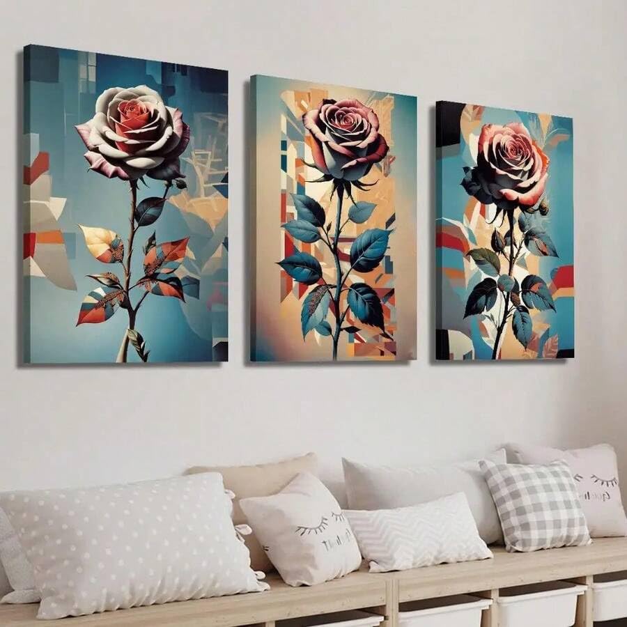 Toile murale florale moderne affiche abstraite salon et chambre décoration triptyque roses
