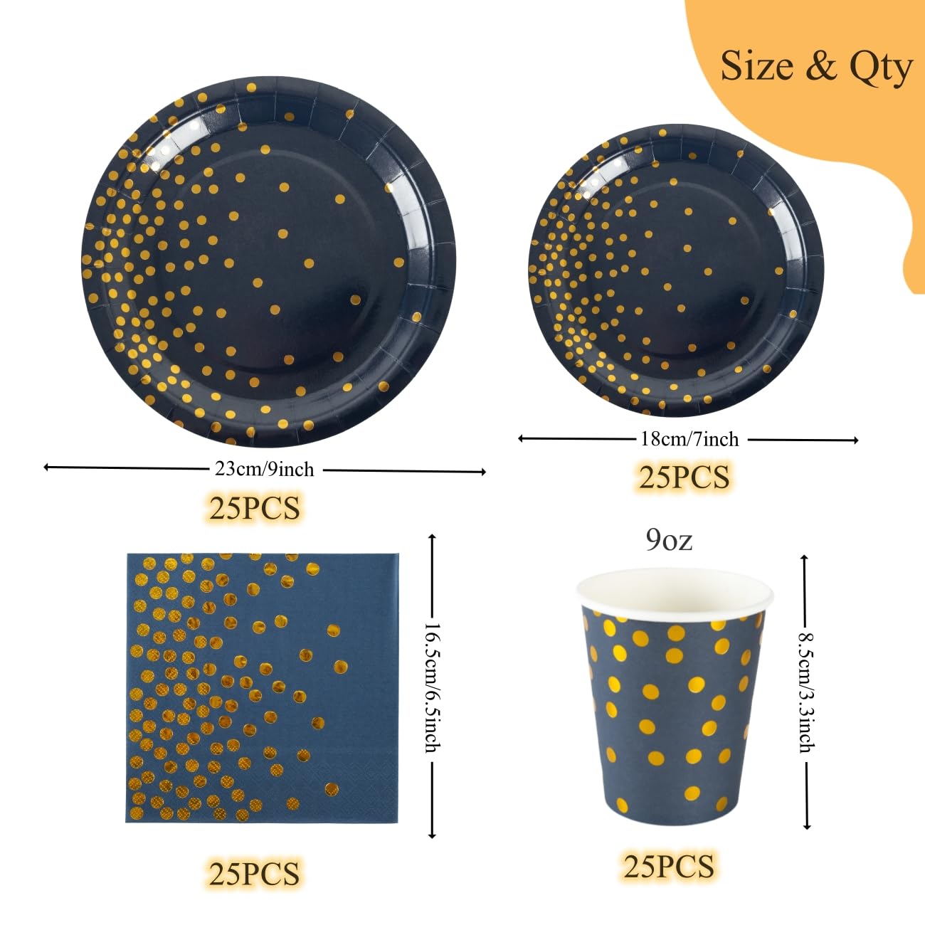 100PCS Navy Blue Party Tableware Set, CEILIWEN Royal Blue and Gold Polka Dot Party Tableware Includes Plates, Napkins, Cups - Image 2