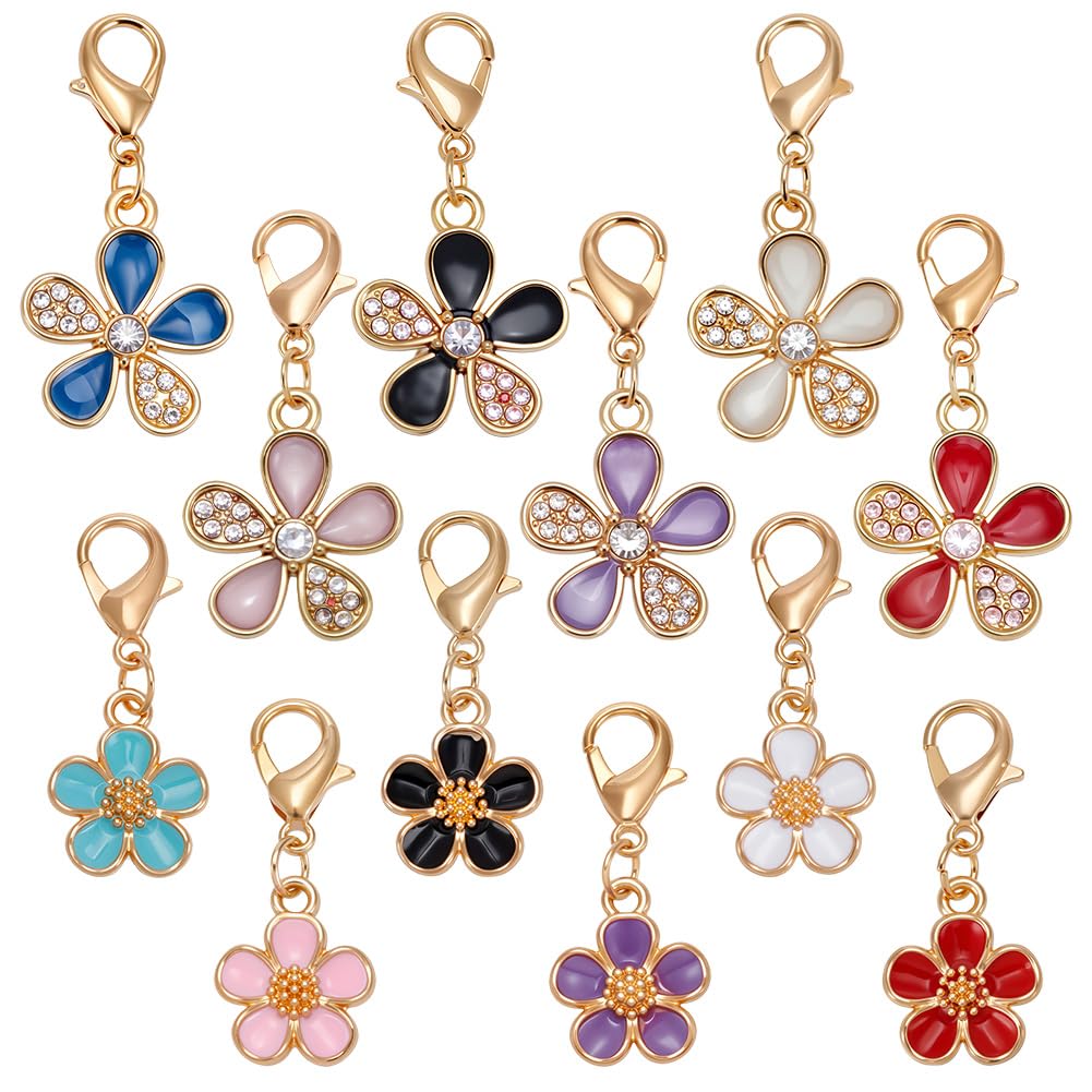 PLIGREAT 12 Pcs Bling Rhinestone Flower Pet Collar Charms, Colorful Cat Dog Pendants with Lobster Clasp Bracelet Beads for Pet Collar Decoration Jewelry Accessory