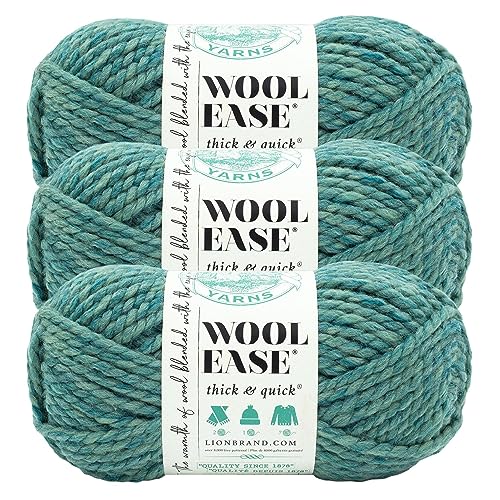 Image of Lion Brand Yarn, Wool-Ease Thick & Quick Yarn, Hydro, Heather Teal, 3 Pack | Super Bulky Wool Acrylic Blend Fiber for Soft Hats, Sweaters, Chunky Blankets, Yarn for Crochet, Knitting, Crafts, Weaving