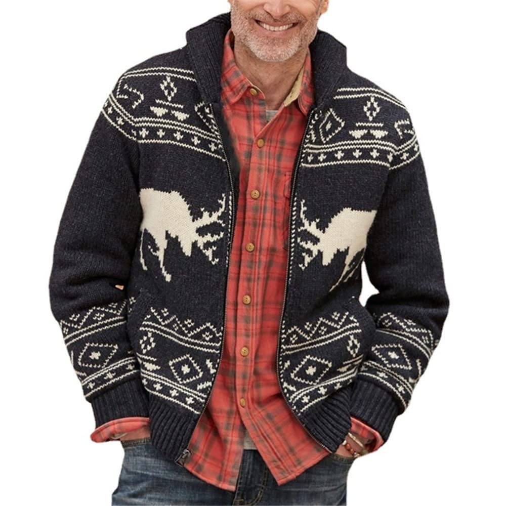 SPCOSPLAYMen black deer jacquard sweater zipper long-sleeved knitted jacket Cosplay Costume Christmas Khaki Zip Up Cardigans for Men