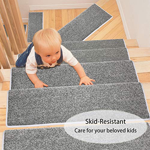 Pure Era Bullnose Carpet Stair Treads Set Tape Free Non-Slip Indoor Stair Protectors Pet Friendly Rugs Covers Soft Skid Resistant Washable Reusable 9.5" X 30"X1.2" (14 Pieces, Gray) #TOP3