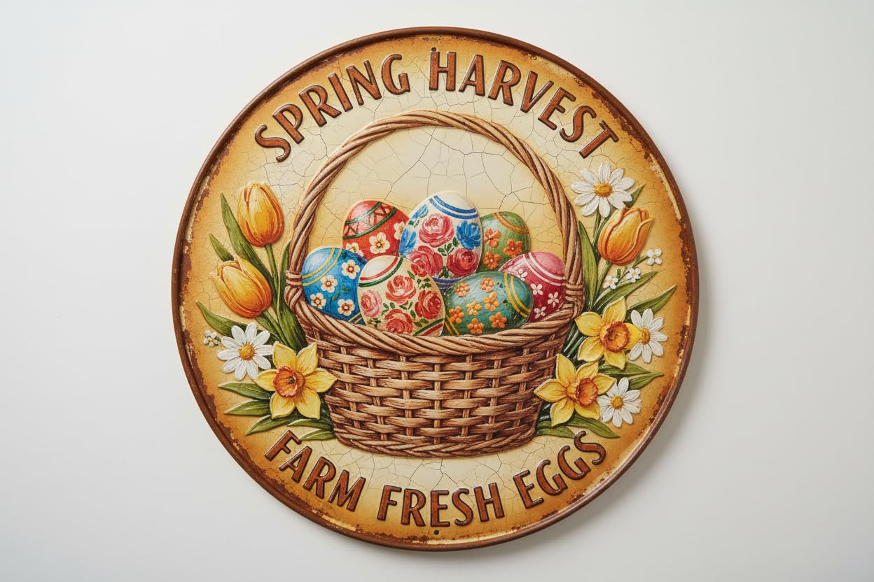 Easter Eggs And Flowers Round Metal Tin Sign Vintage Spring Wall Art for Home Farmhouse Kitchen Living Room Bar Cafe Office 12x12inch