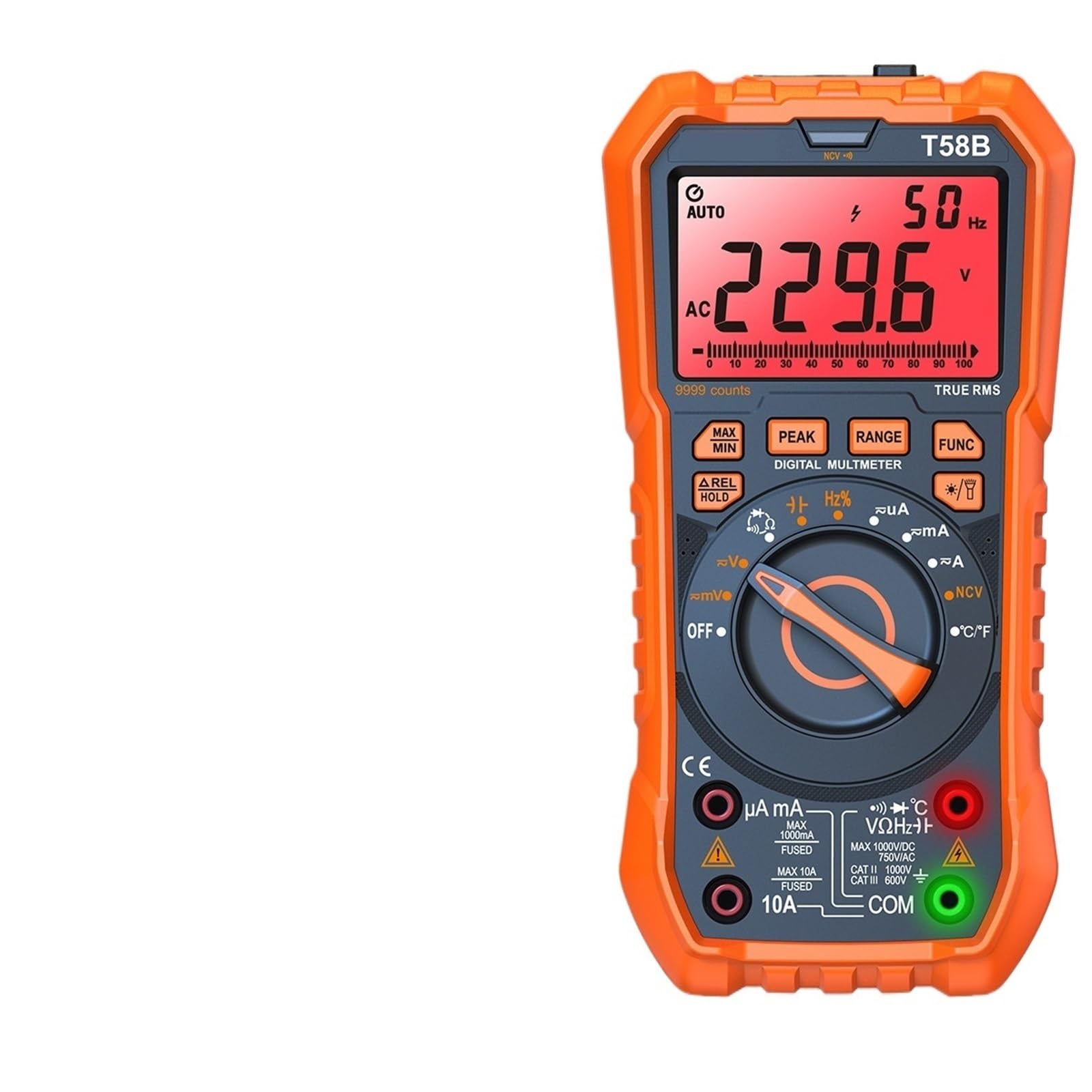 Multimetr cyfrowy T58B 1000V z podstawką, inteligentny wyświetlacz z podświetleniem i wskaźnikiem JACK ze światłem LED, 9999 zliczenia, podwójny wyświetlacz danych