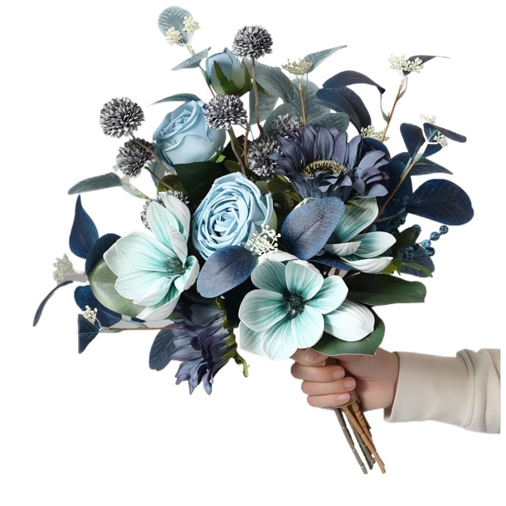 HONKERW fake flowers Fake Artificial Flowers Bouquet for Decoration, Silk Floral Arrangements for Rustic Home Decor Vase Decor artificial(Blu)