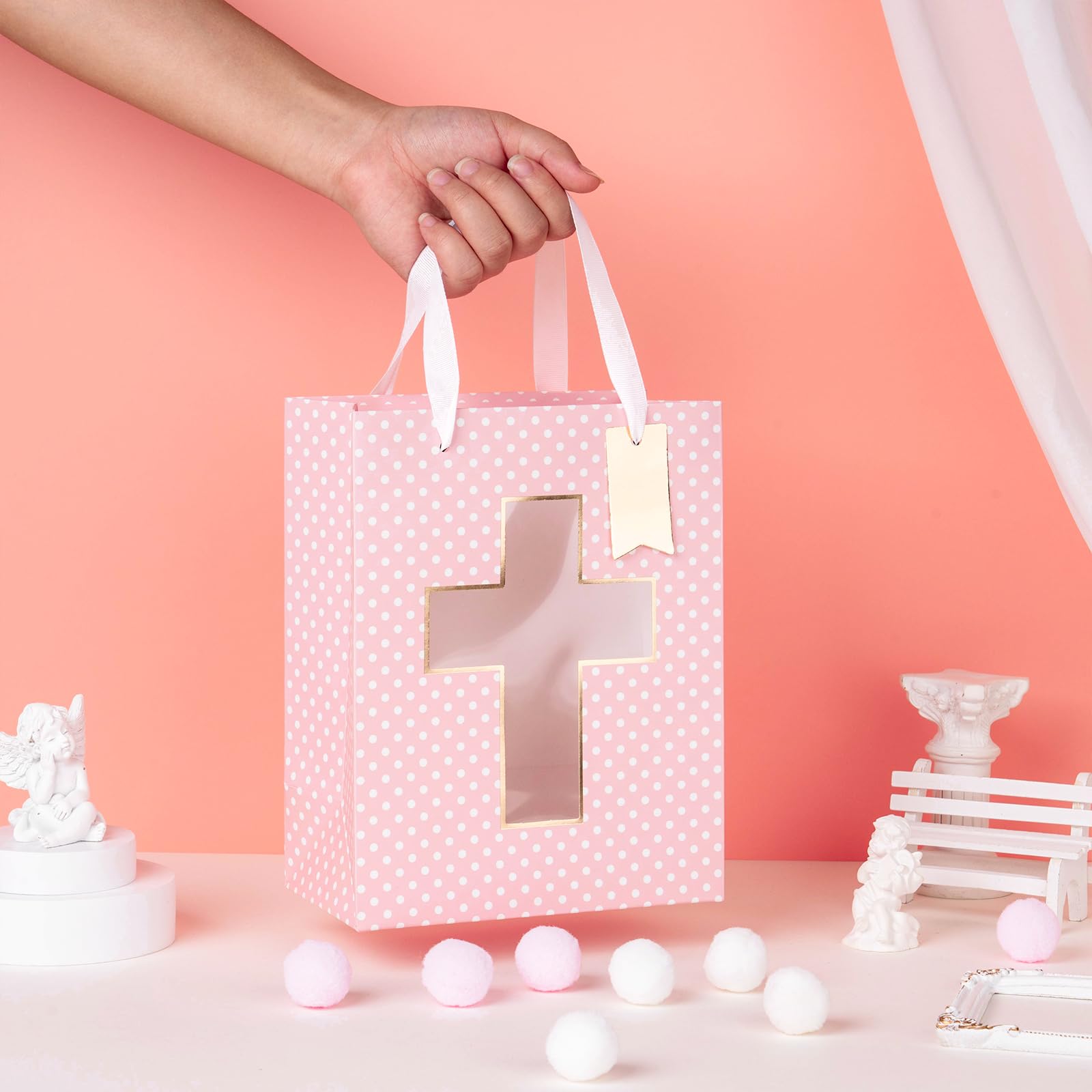 Loveinside Pink Gift Bag, Gold Foil Religious Cross and Dots Design, Gift Bag with Tissue Paper, Tag for Baby Girl Baptisms, Baby Shower, First Communion, Religious Celebrations, 7" x 4" x 9", 1 Pcs
