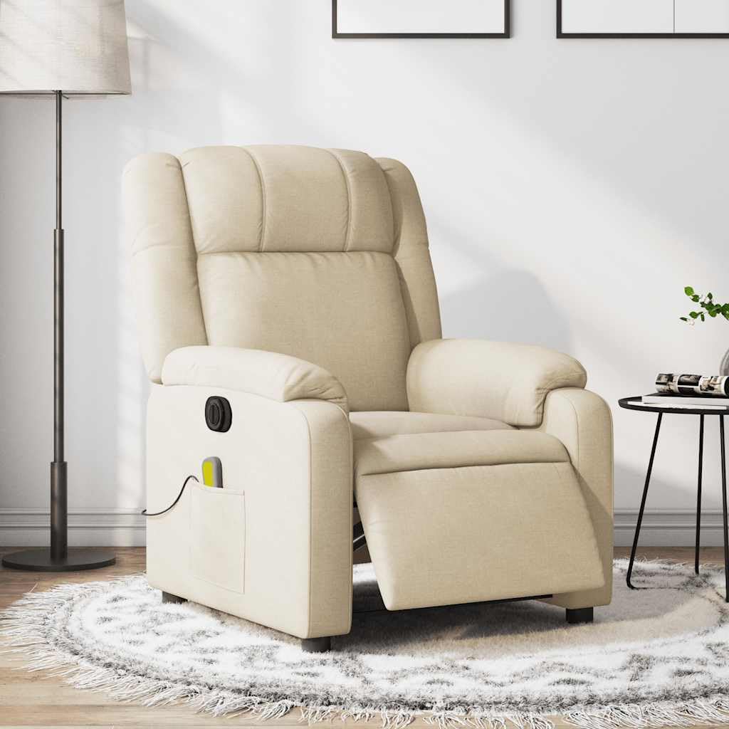 Sillón de masaje eléctrico con funda de tela en color crema, sillón de relax con 6 puntos de vibración, función reclinable eléctrica hasta 135 grados, reposabrazos anchos