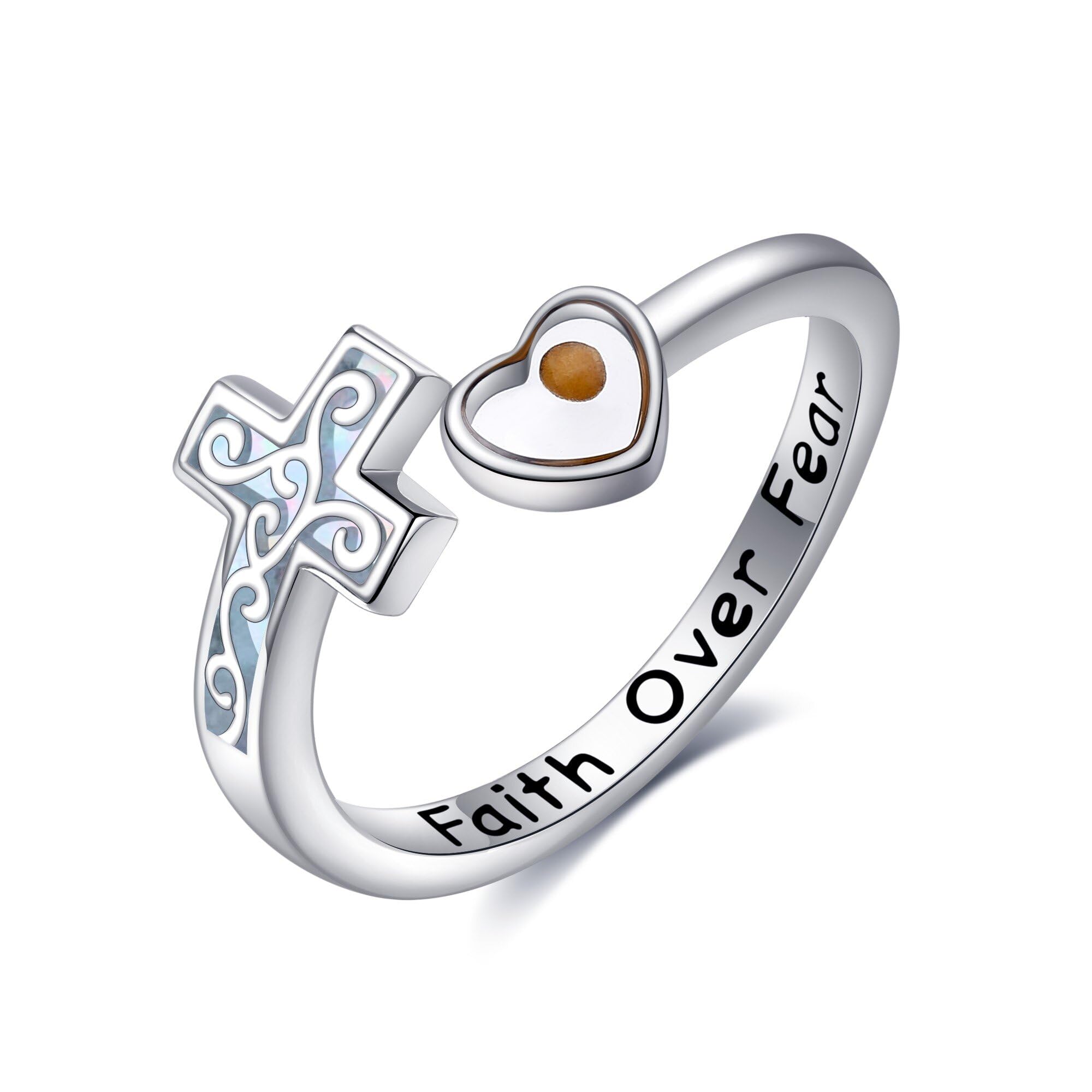 Anello a croce in argento Sterling con croce di fede/senape, regolabile, anello di fede cristiana, gioielli religiosi, regalo per donna, One-Size, metallo prezioso, Non pietra preziosa