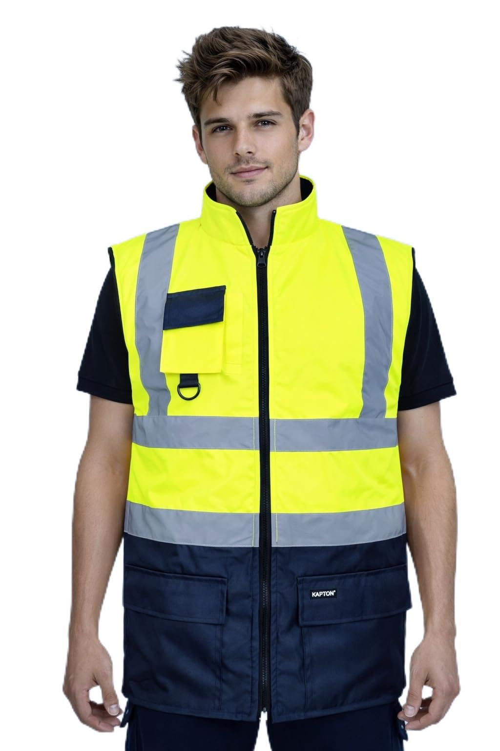 KPTN Hi Viz Bodywarmer - Fleece Lined, Reversible High Visibility Gilet | Waterproof & Reflective Vest for Work | Ideal for Security, Yellow/Navy, Large