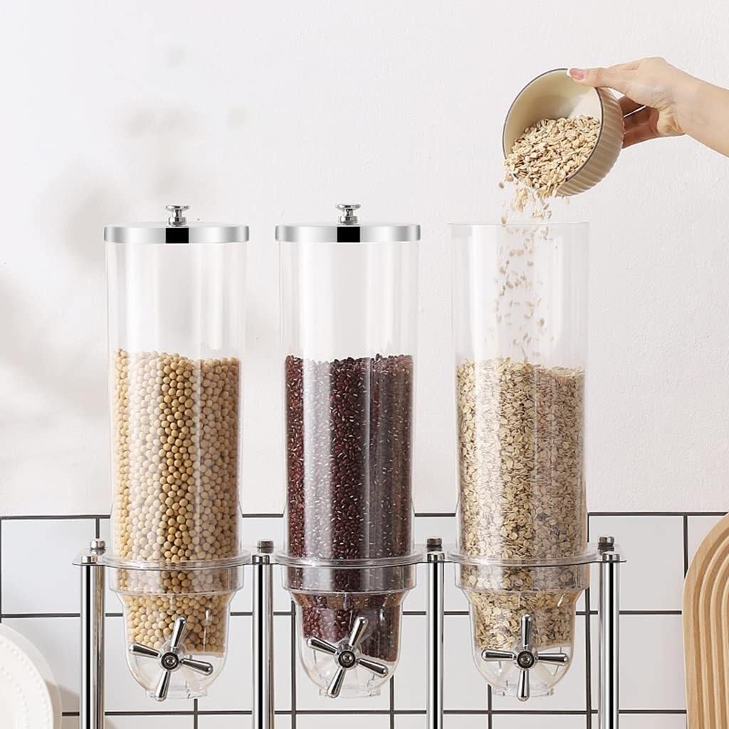 Dispensador de alimentos secos de acero inoxidable, contenedor de triple control para cereales, frutos secos, dulces, aperitivos, 10.5 L, autoservicio y recargable, opción conveniente y duradera