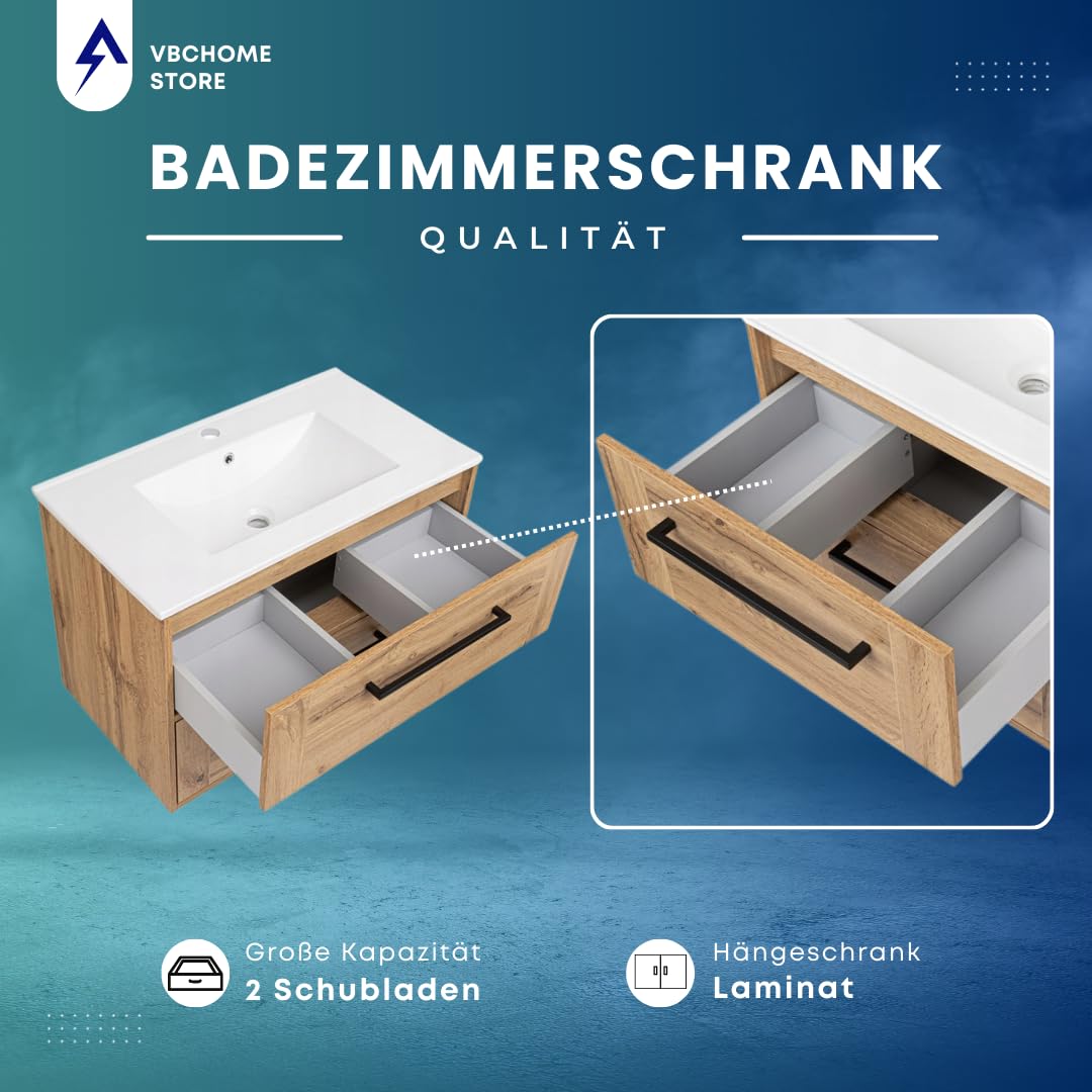 VBChome Hängeschrank 81x56x47 cm Eiche Wotan mit Keramikwaschtisch – Moderne Badmöbel mit Soft-Close-System und Metallgriffen