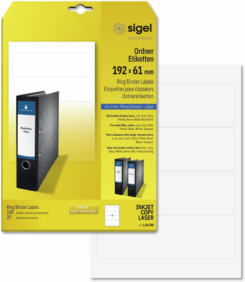 Sigel LA430 Ring Binder Labels, Opaque,7.56 x 2.4 inches, White, blickdicht, 100 Labels