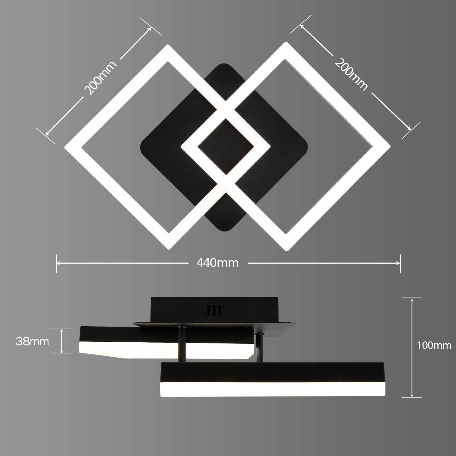 ANTENLICHT Plafoniera LED Soffitto Moderna 20W Dimmerabile con Telecomando 3000-6500K, Funzione di Memoria, Lampada da Soffitto per Camera da letto Sala Cucina Corridoio, Nero 44x28x10cm