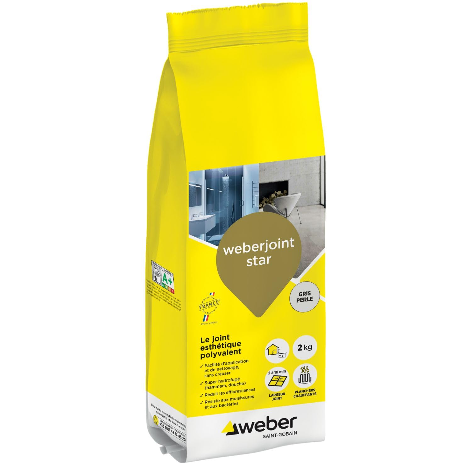 Weber Mortier joint carrelage décoratif hydrofugé, spécial intérieur et extérieur, largeur 2 à 10mm, 2kg, gris perlé, WEBERJOINT STAR