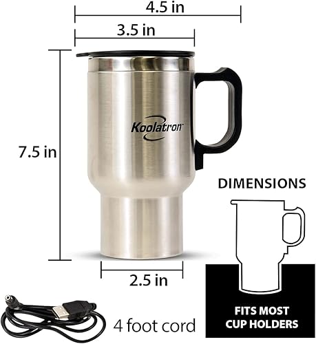 Miniatura 8 de Koolatron Taza de viaje de 12 V, alimentada por USB, aislada con calentador, 17 onzas, vaso portátil a prueba de fugas para bebidas calientes y