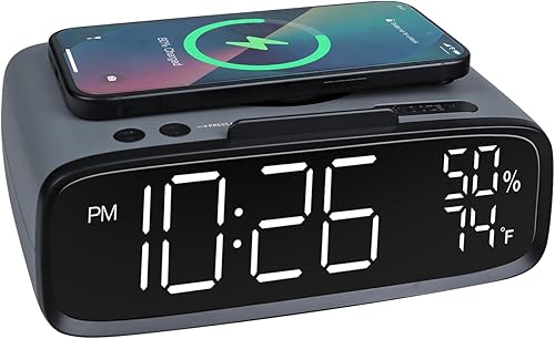 Reloj despertador con altavoz Bluetooth con carga inalámbrica, doble despertador, lámpara de luz nocturna con cargador inalámbrico, reloj