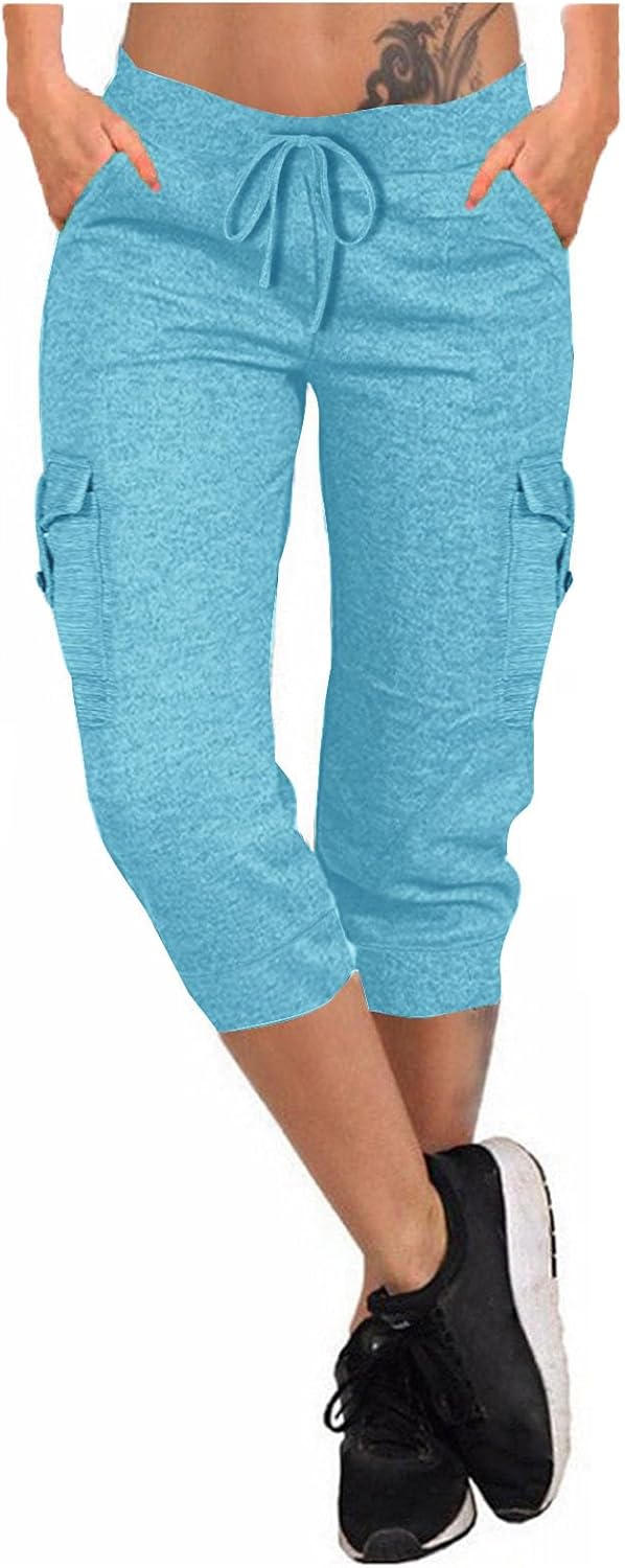 Women's Yoga Pants Fashion Stretchy Soft Drawstring Workout Capri Pants Outdoor Athletic Causal Capris with Pocket