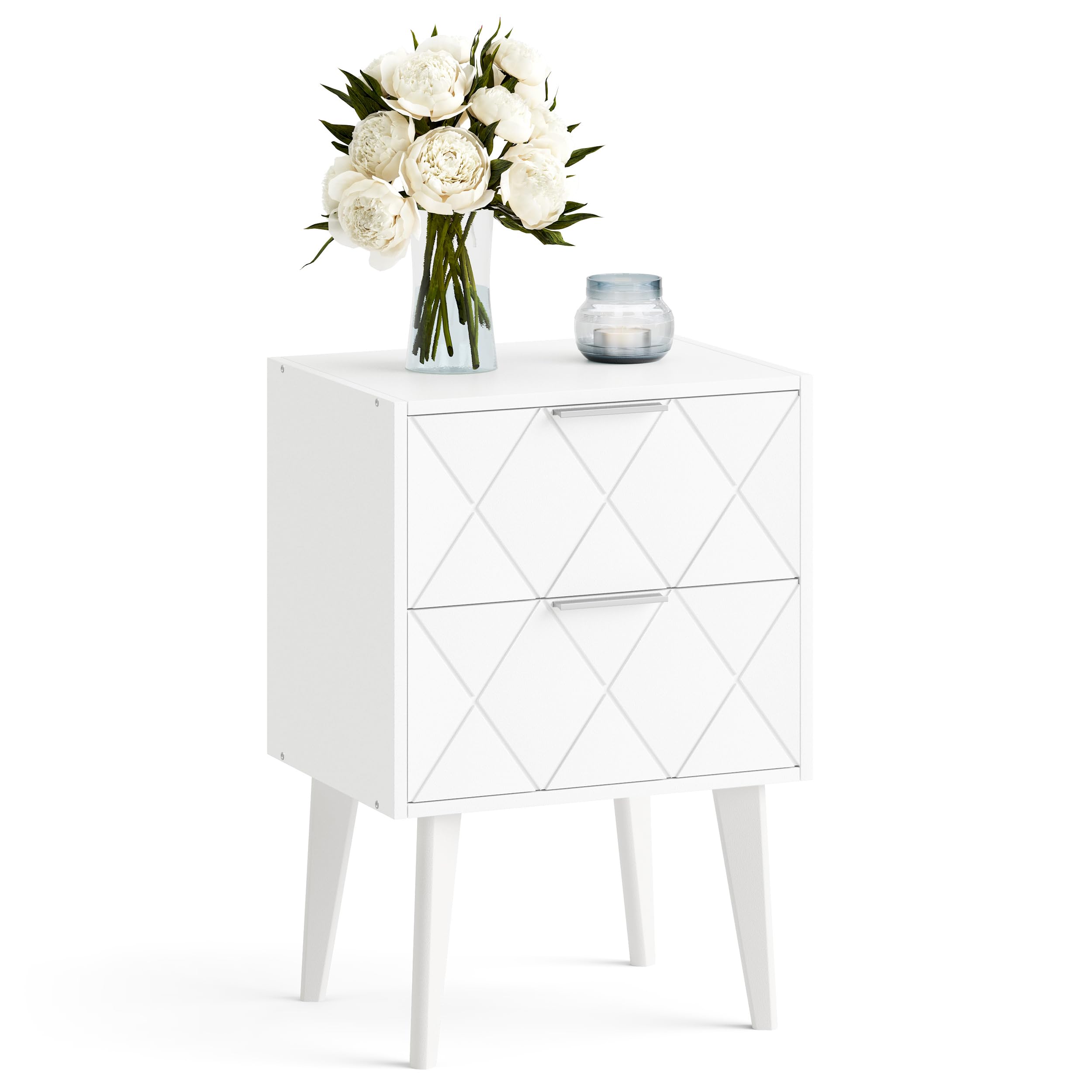 Mesitas de Noche Blancas con Dos Cajones Bedside Table | Estilo Moderno Y Elegante,Fabricado En Madera,Estructura Estable Sin Vibraciones,Para Salón Y Dormitorio
