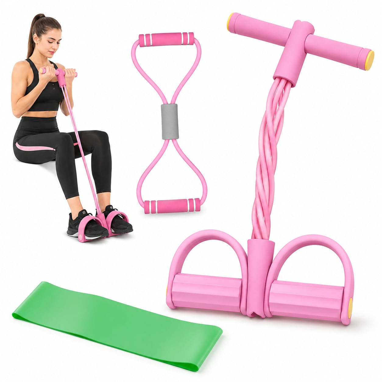 3 Pack Home Resistance Bands with Handle Set, 6 Tube Foot Pedal Trainer Figure 8 Expander Flat Stretch Band Full Body Workout Kit