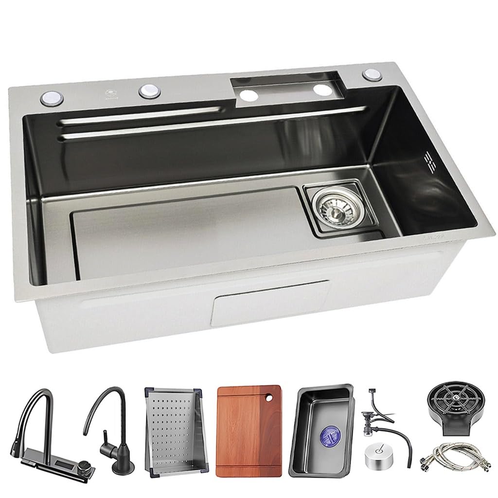 YADZISW Modern Stainless Steel Kitchen Sink with Temperature Display Faucet - Multifunctional Single Bowl Waterfall Design Complete Set for Stylish Home Upgrades