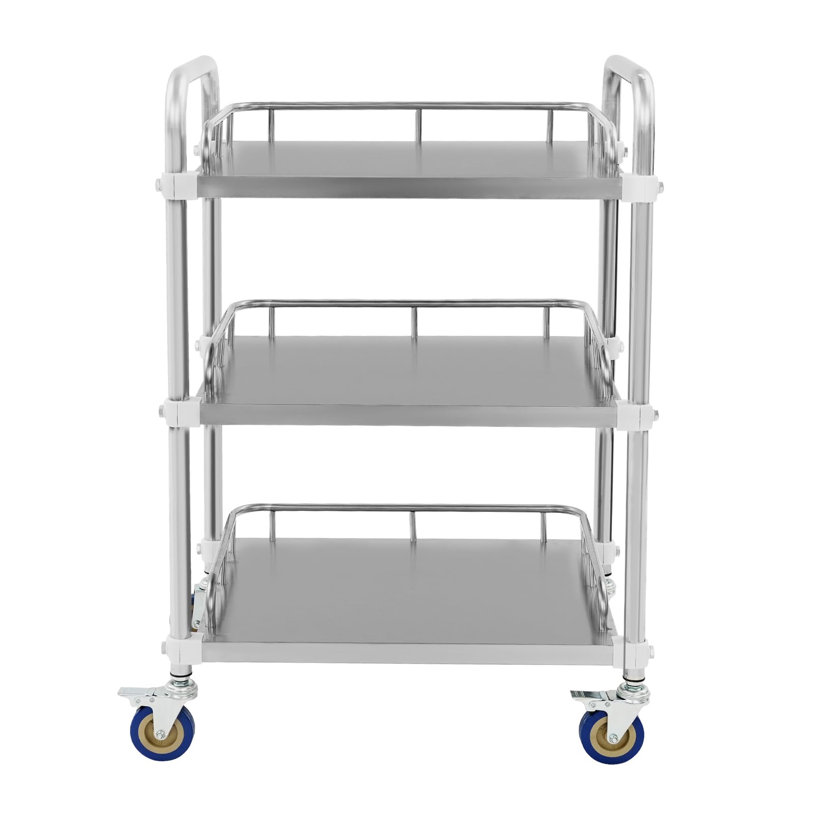 Carro de servicio de laboratorio de acero inoxidable, 3 estantes, carrito de cocina de acero inoxidable con 4 ruedas giratorias, 2 frenos, carrito de laboratorio, carrito de transporte, carrito de