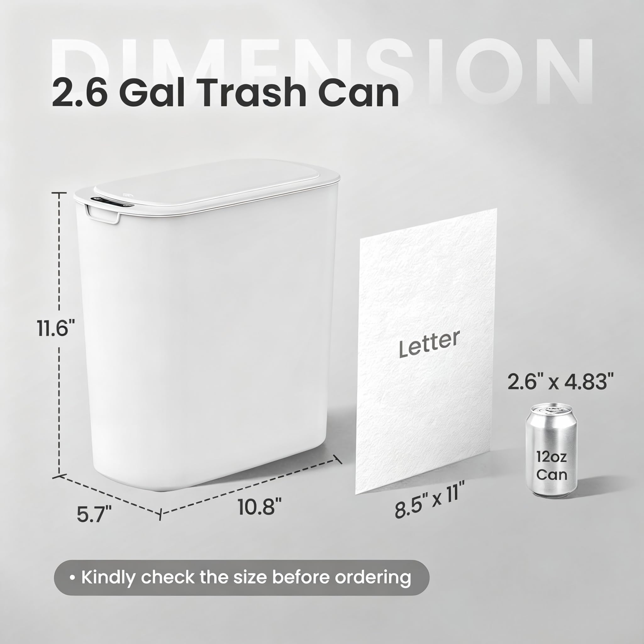 Cesun Pattumiera da bagno con sensore di movimento automatico con coperchio, 2,6 galloni Touchless, in plastica sottile, piccolo cestino bianco per WC, ufficio, camper, camera da letto, soggiorno