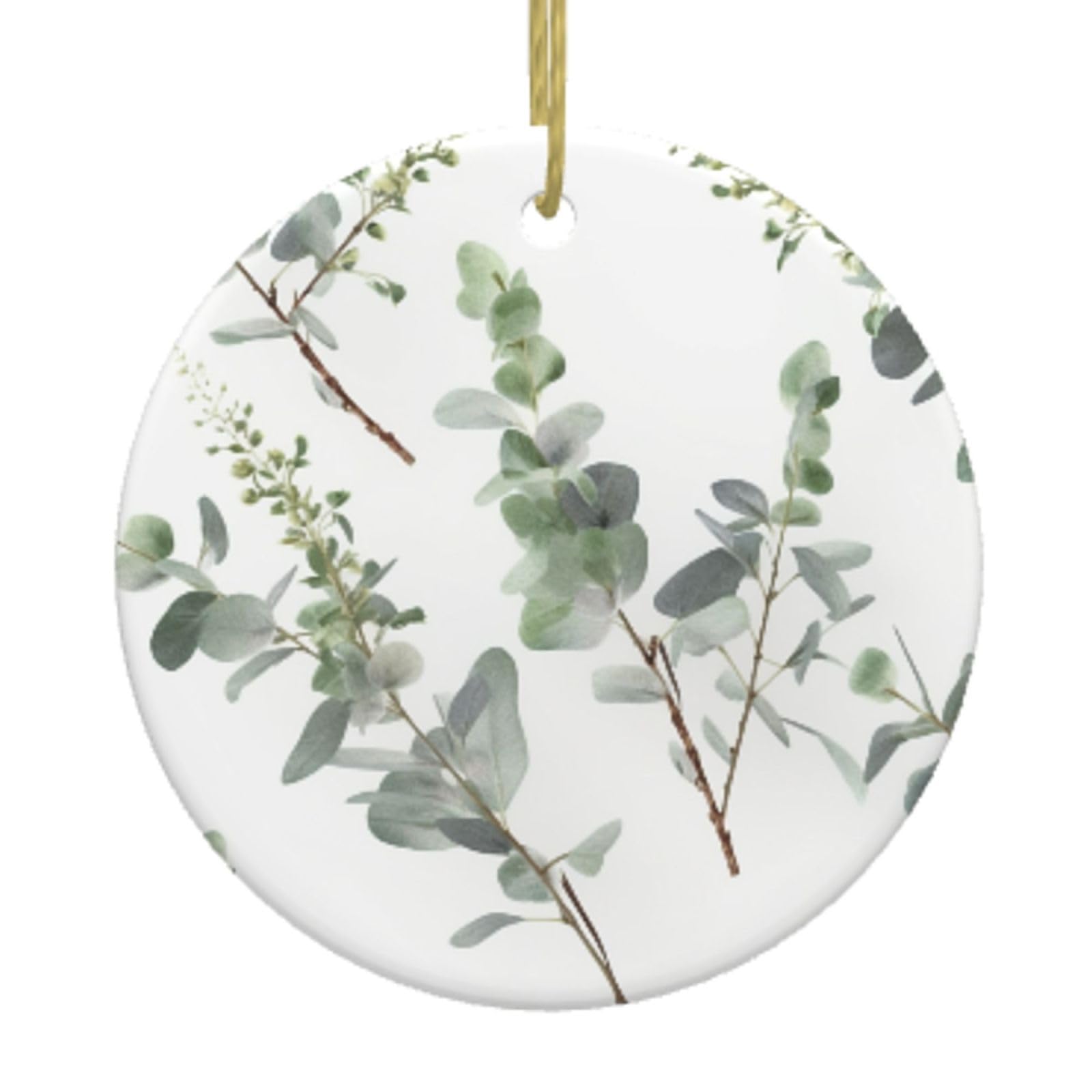 Ceramic Christmas Tree Hanging Ornaments with Gold Ropes Christmas Tree Decorations Round Ceramic White Natural Greenery Twig Pendant Keepsake Decorations for Holiday Xmas Gift Ideas