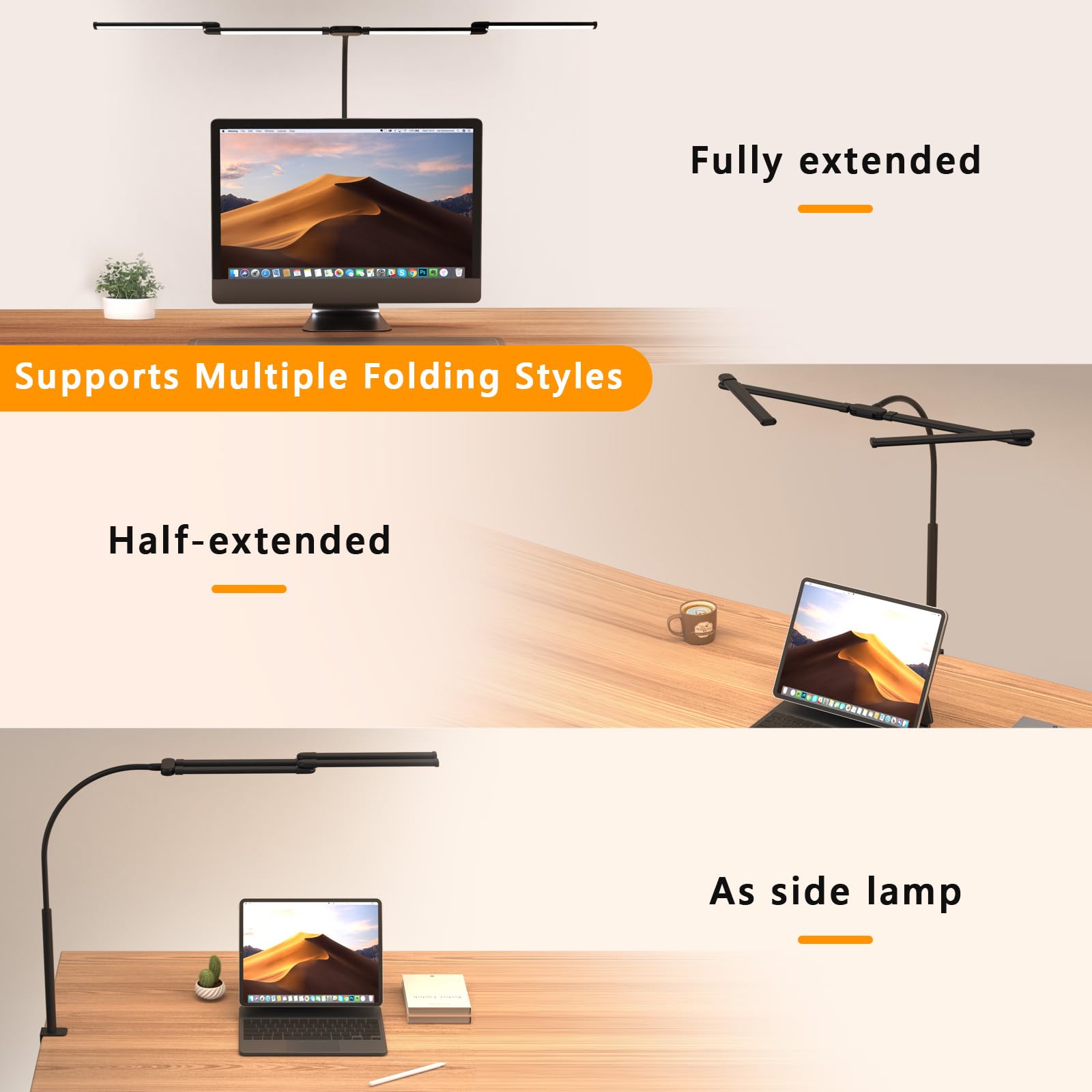 Comely Schreibtischlampe LED Dimmbar 24W, 120cm 2750LM Schreibtischlampen, 4-Led Schreibtischlampe Klemmbar mit 5 Farbtemperatur, Arbeitsplatzleuchte mit 10 Helligkeitsstufen, Schwarz