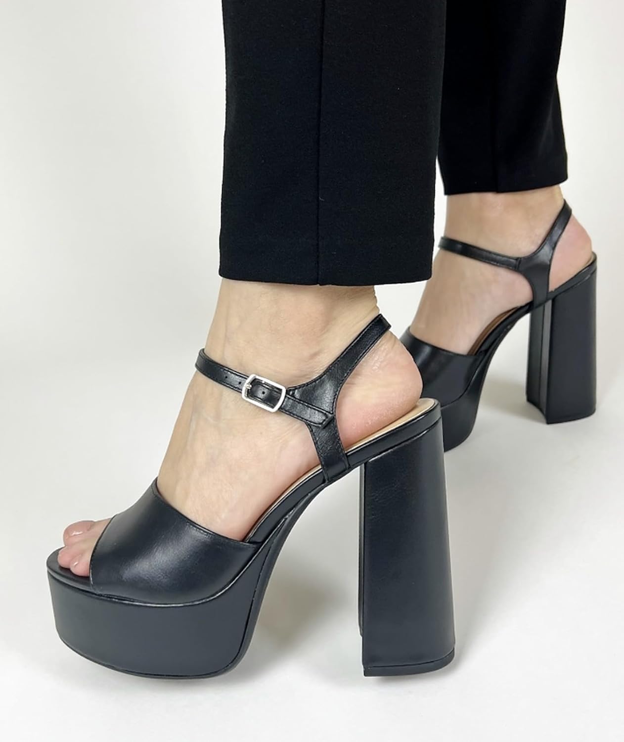 Soda Women's Platform Chunky High Heel Sandals Ankle Strap Open Toe Heeled Shoes Blow Black Pu 7 - Image 6