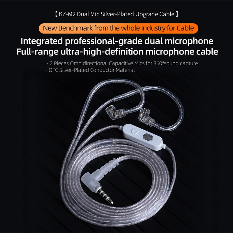 Image of KZ-M2 Dual Mic Silver-Plated Upgrade Cable with Professional-Grade Dual Microphone Array for Full-Frequency Ultra-HD Voice, Compatible with KZ C Pin Series in-Ear Headphones (3.5mm)