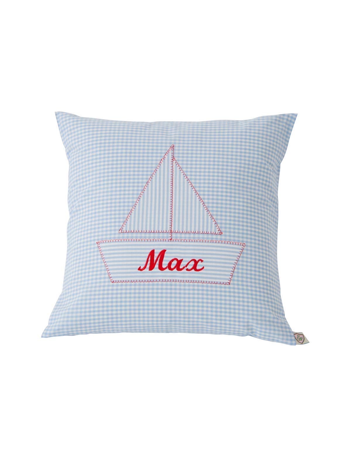 Kissen personalisiert VICHY hellblau mit Segelboot von paula & ferdinand - Kissen mit Name - Geschenk zur Geburt und Taufe