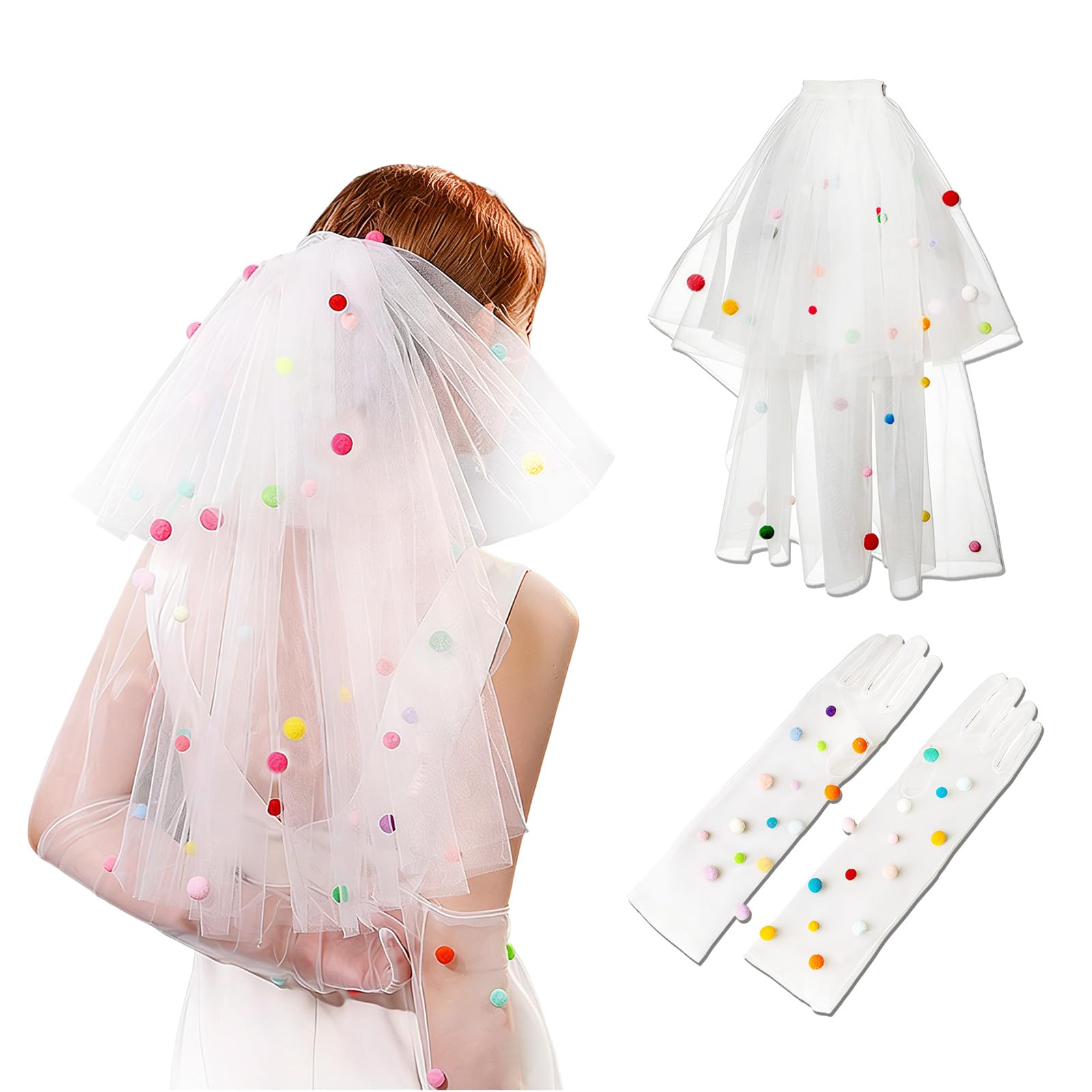FOSDICK Hen Party Veil with Colourful Pom Poms, Veil White Lace Gloves Pompoms, for Bridal Shower Wedding Decorations