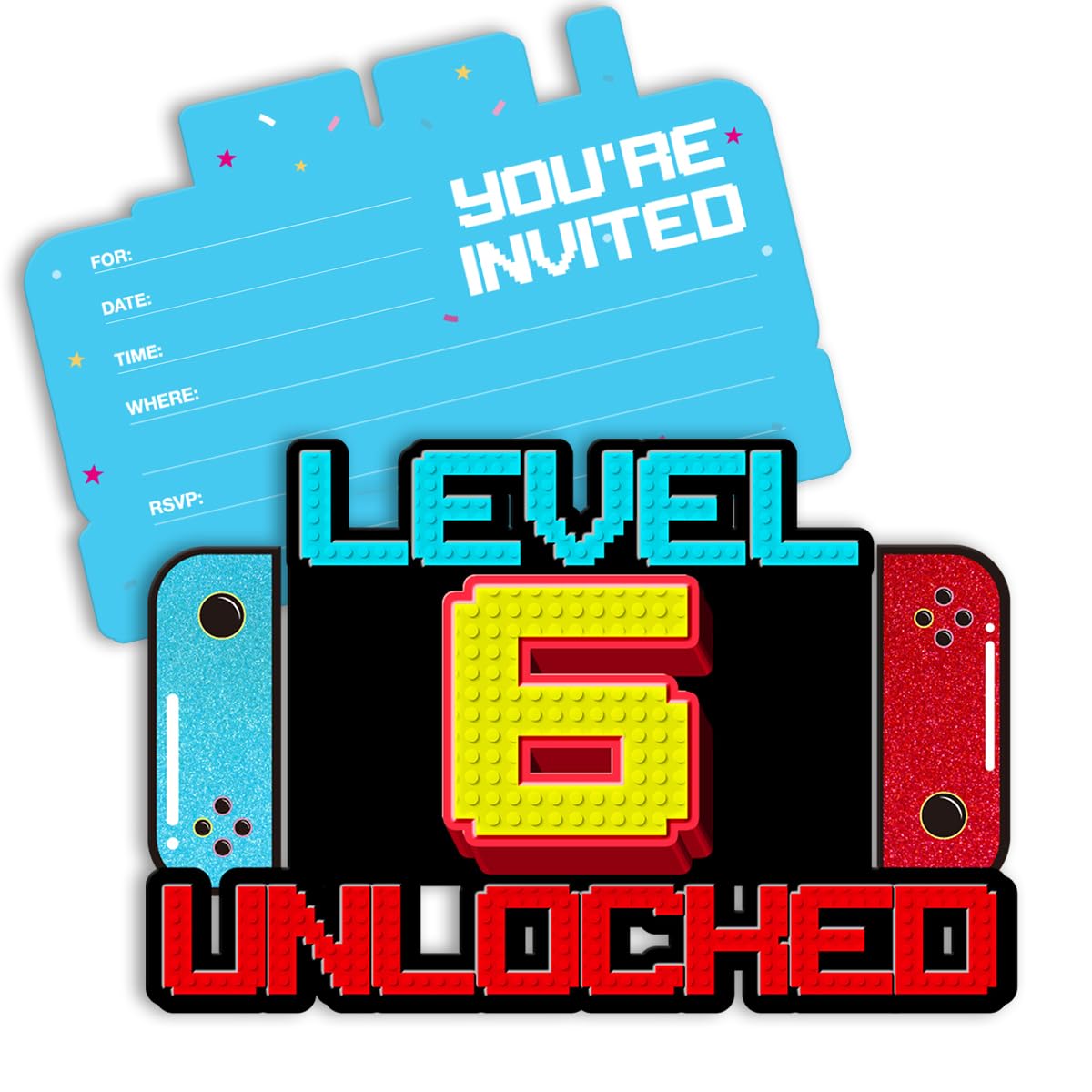 pertnate Video Game 6th Birthday Party Invitations Boy Glitter Video Game 6 Year Old Birthday Shaped Invitations with Envelopes, 20 Pack