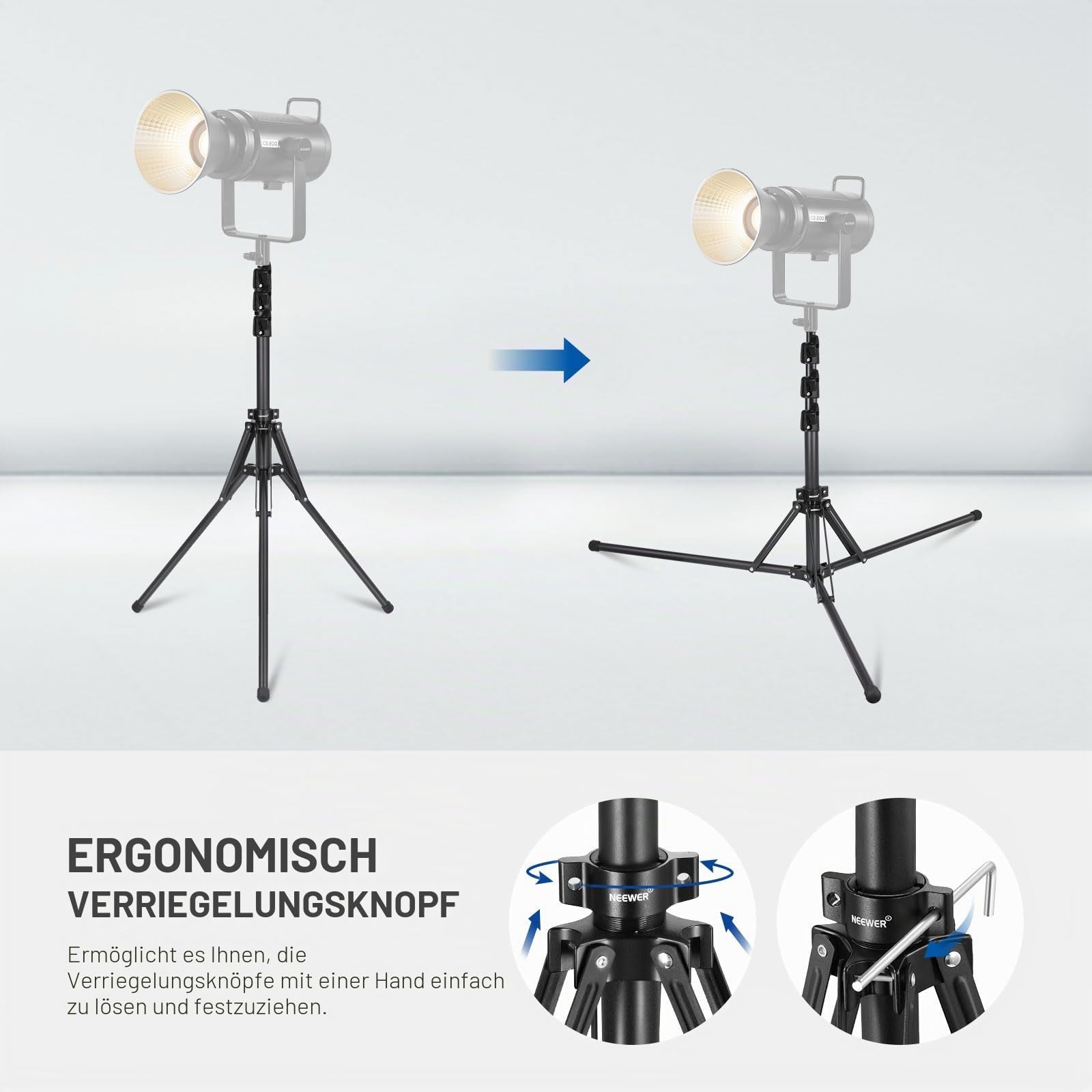 NEEWER Lichtstativ mit 180° umkehrbaren Beinen, 178cm tragbares Reisestativ 1/4" Schraube und 5/8" Bolzen, Light Stand für Innen und Außenfotografie Speedlite Blitz Ringlicht Softbox, ST178B, Schwarz