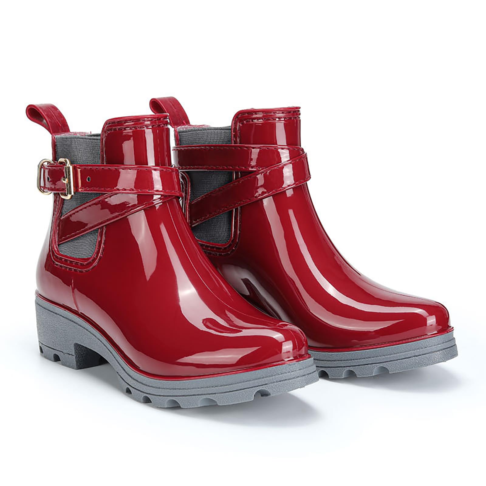 Womens PVC Platform Lug Sole Ankle Rain Boots with Buckle Comfort Pull on Elastic Band Chunky Heel Anti-slip