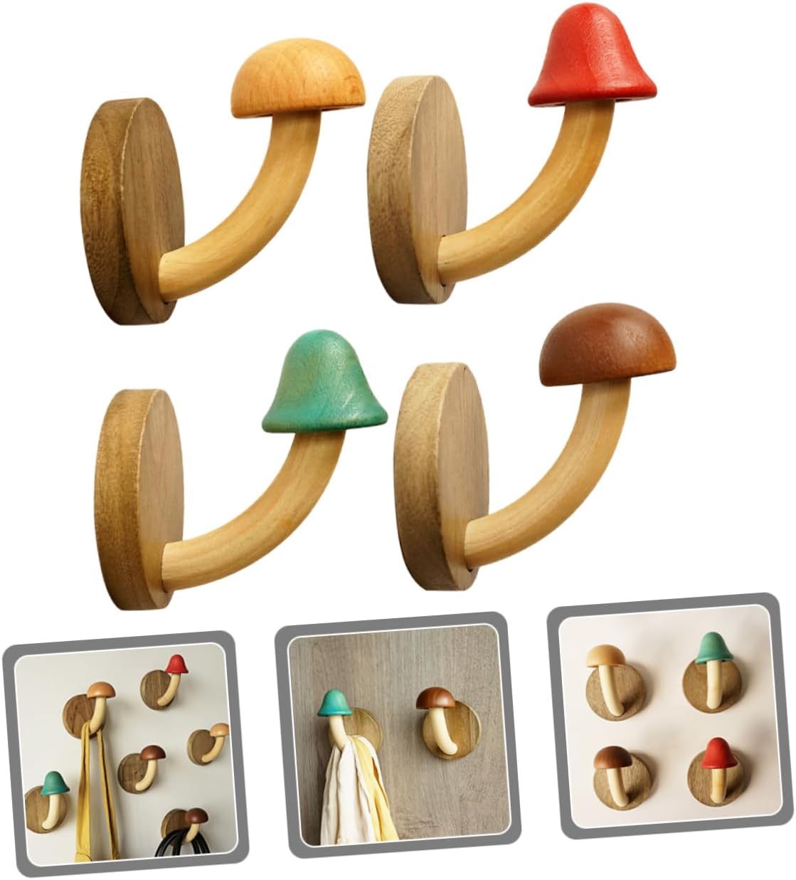 4pcs Decorative Mushroom Wall Hooks Wood Coat Hangers No-Drill Adhesive Creative Nordic Style for Bathroom Kitchen and Home Decor
