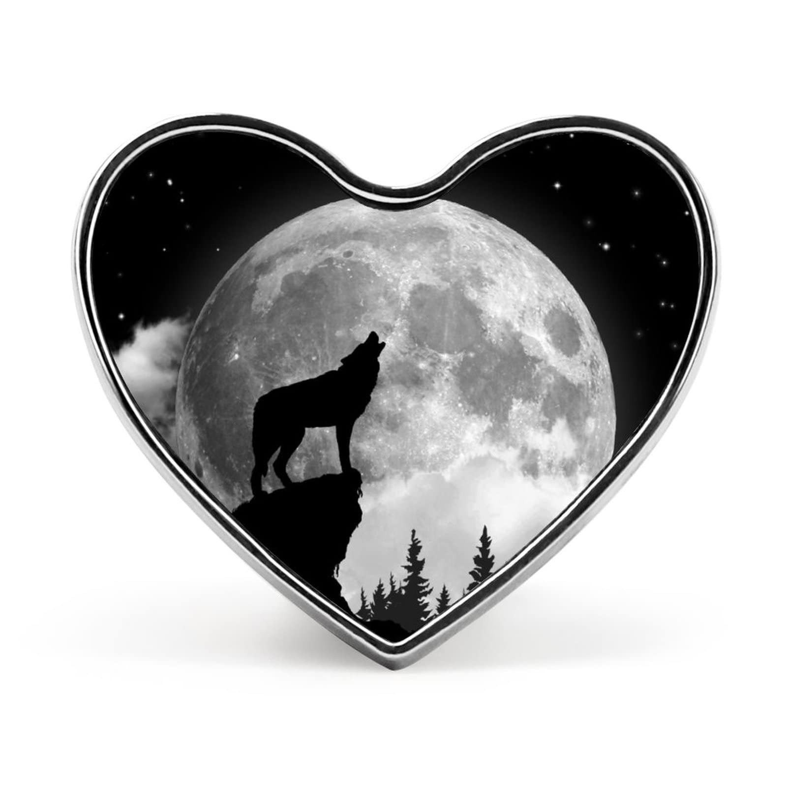 Wolf Howling at The Full Moon Cute Heart Brooch Pin Funny Lapel Tie Pin Crafts Badge for Costume Accessory