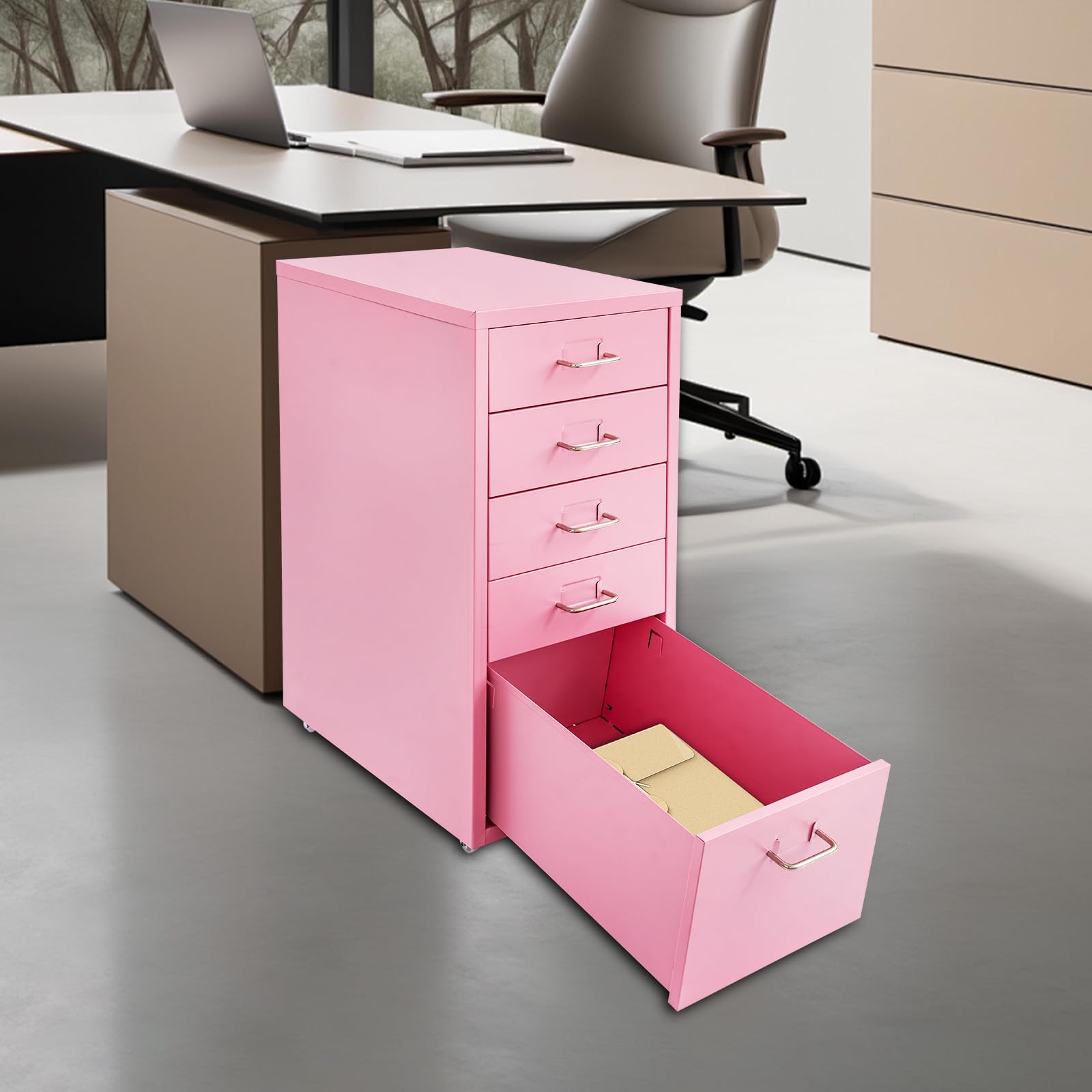 Armadietto portadocumenti a 5 cassetti, in metallo, da ufficio, sotto la scrivania, cassettiera rosa, per documenti e documenti, 28 x 41 x 69 cm, perfetto per casa e ufficio