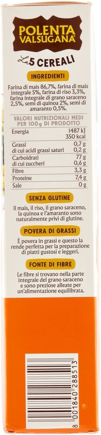 6x Polenta Valsugana mit 5 Körnern schnell 350 g Packung mit Mais Reis, Buchweizen, Quinoa und Amaranth, knusprige und duftende Textur, in wenigen Minuten fertig, glutenfrei