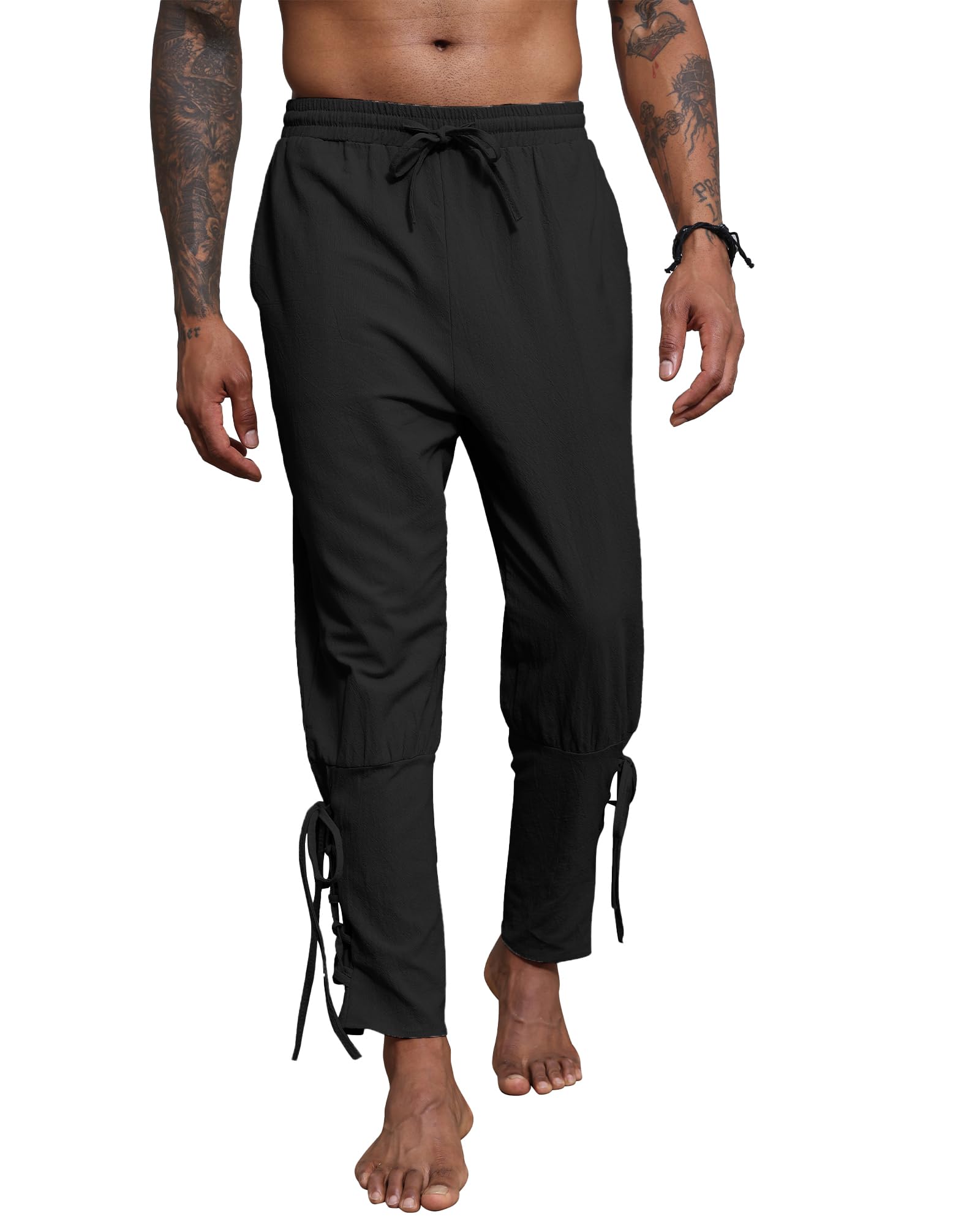 YAOBAOLE Leinenhose Herren Mittelalter Wikinger Renaissance Piratenhose Lang Locker mit Taschen Elastischer Bund Kostüm Hose
