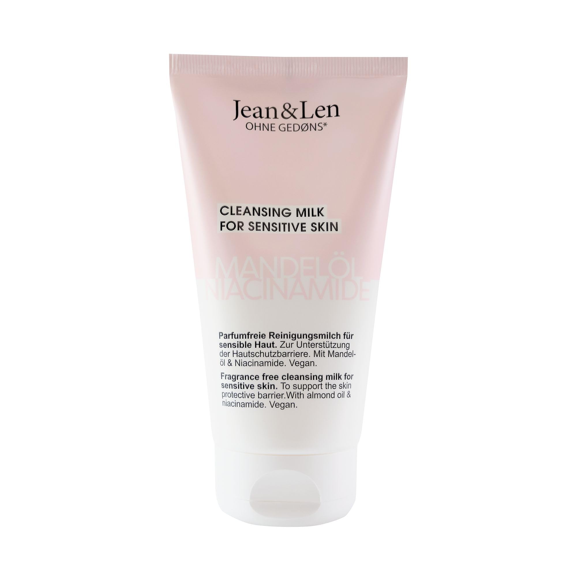 Jean & Len leche limpiadora sin perfume aceite de almendras y niacinamida, limpieza especialmente suave, para pieles sensibles, elimina restos de maquillaje y partículas de suciedad, 150 ml