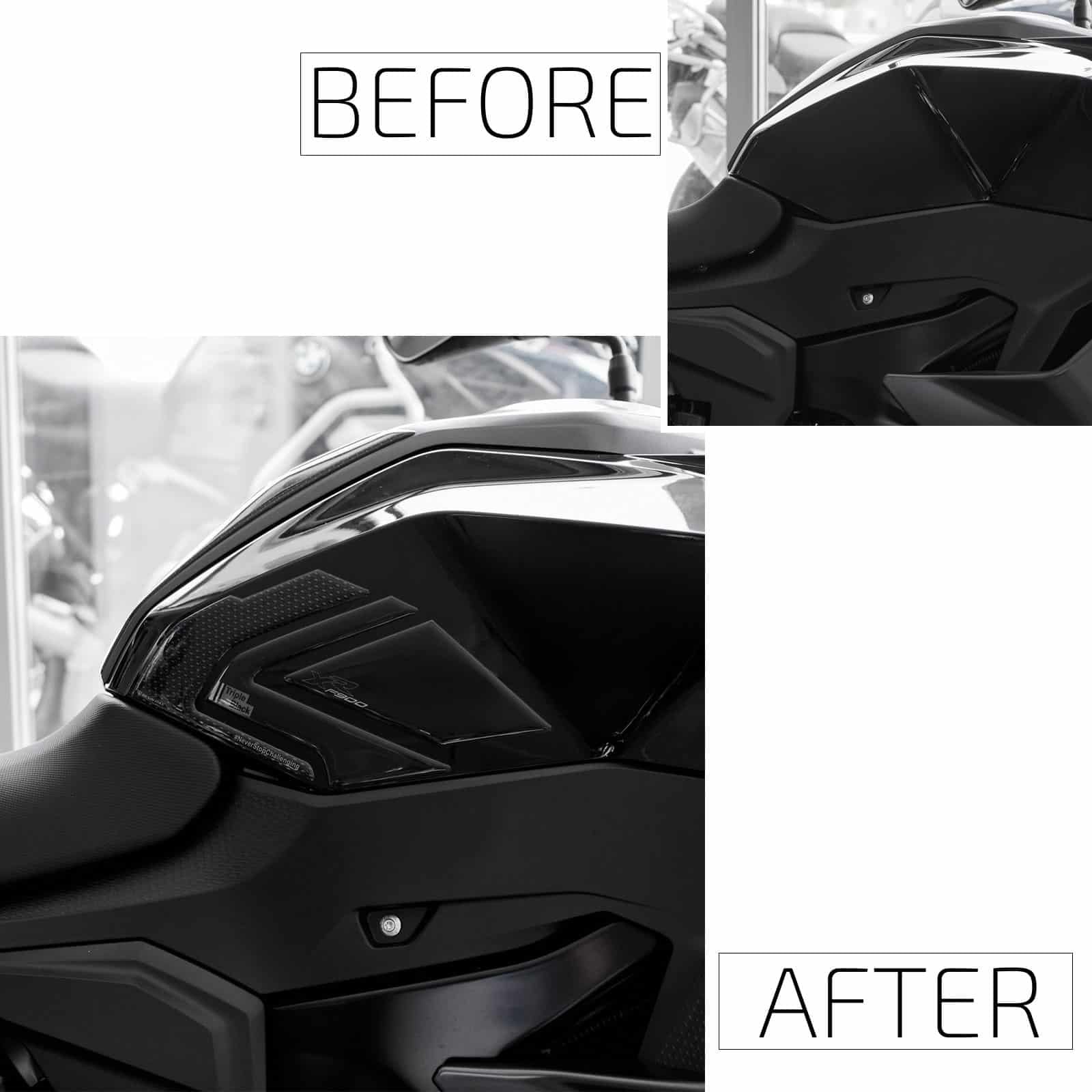 Resin Bike Naklejki Moto kompatybilne z BMW F 900 XR 2020-2026 Triple Black. Chronią Osłony boczne zbiornika przed uderzeniami i zadrapaniami. Naklejki żywiczne z efektem 3D. wyprodukowane we Włoszech
