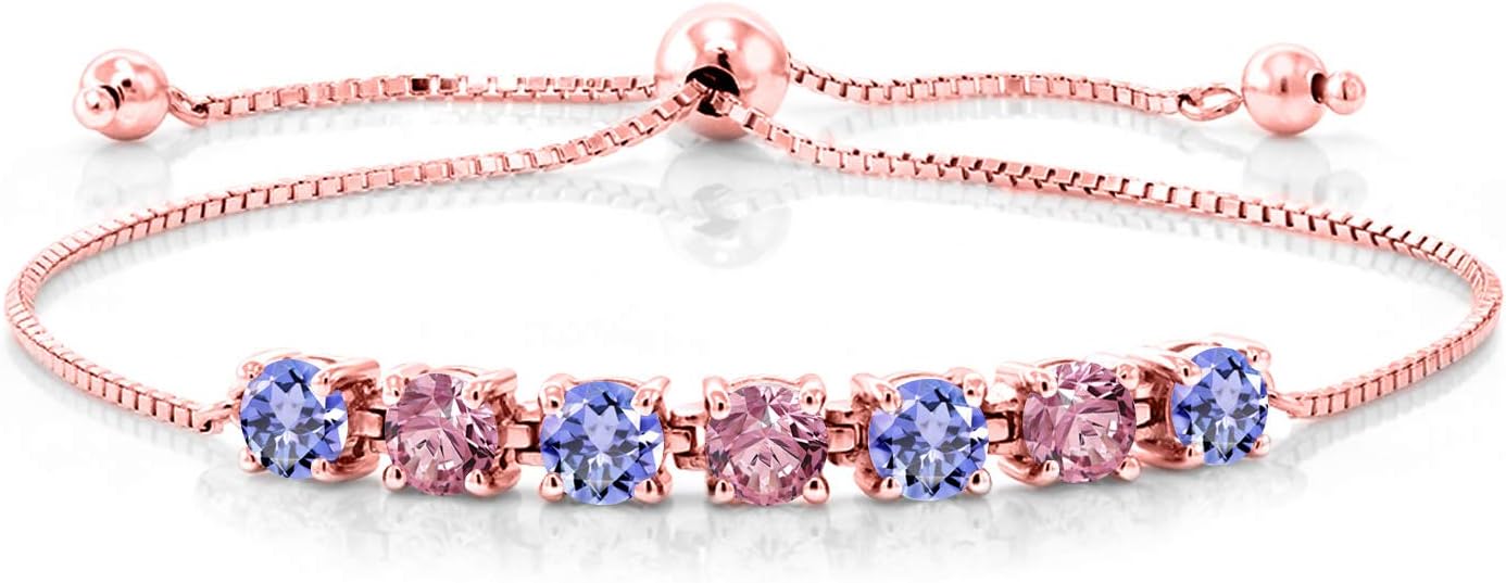Gem Stone King Gemstone Birthstone and Pink Lab Grown Diamond Tennis Bracelet For Women | 18K Rose Gold Plated Silver | Round Cut 4.5MM | Adjustable Bolo Bracelet For Women | Easy-On Easy-Off