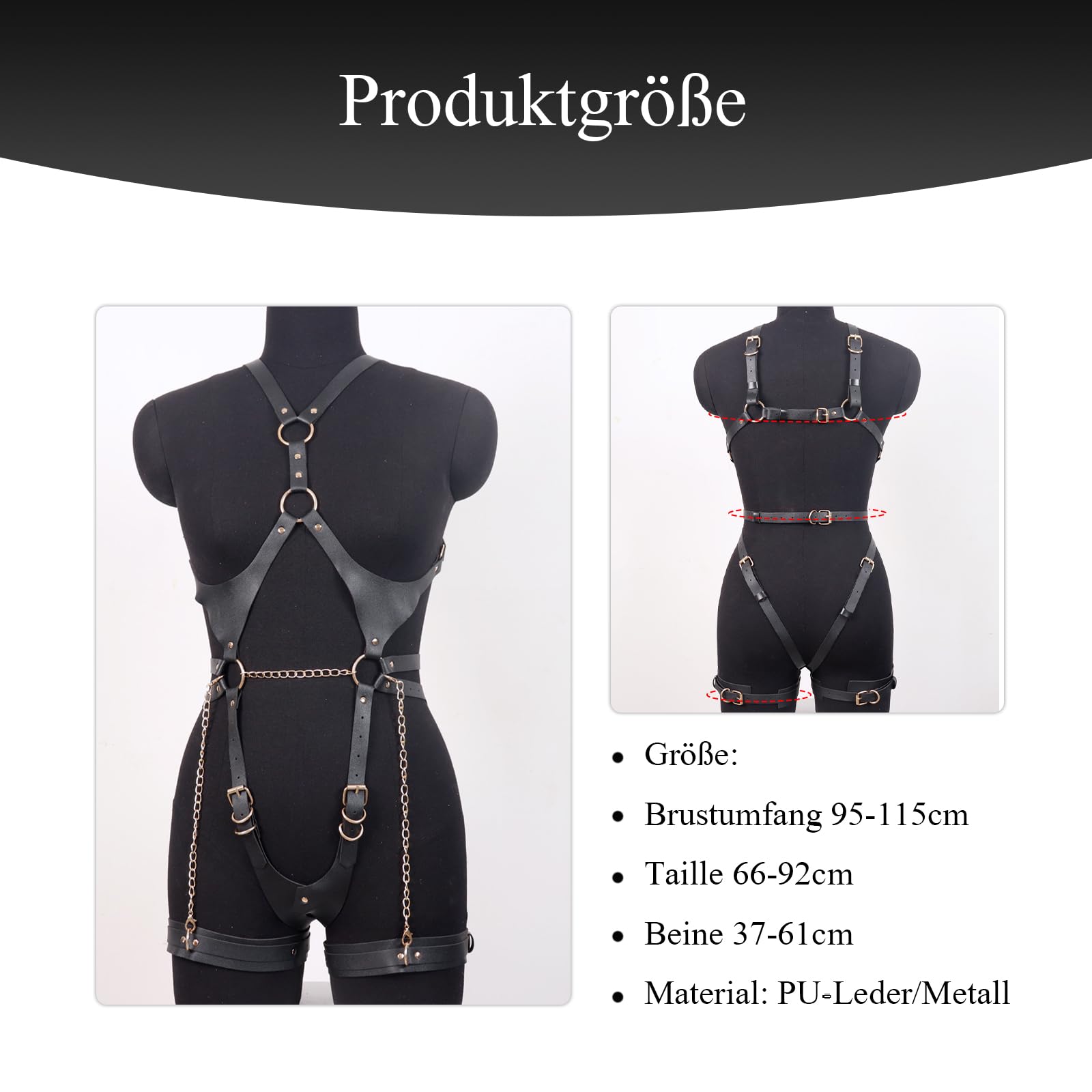 BDSMYOU Harnais Femme Cuir Lingerie Sangle Body avec Menottes,Fétiche Lingerie Ensemble de Fesseln,Vêtements Gothiques (Noir)