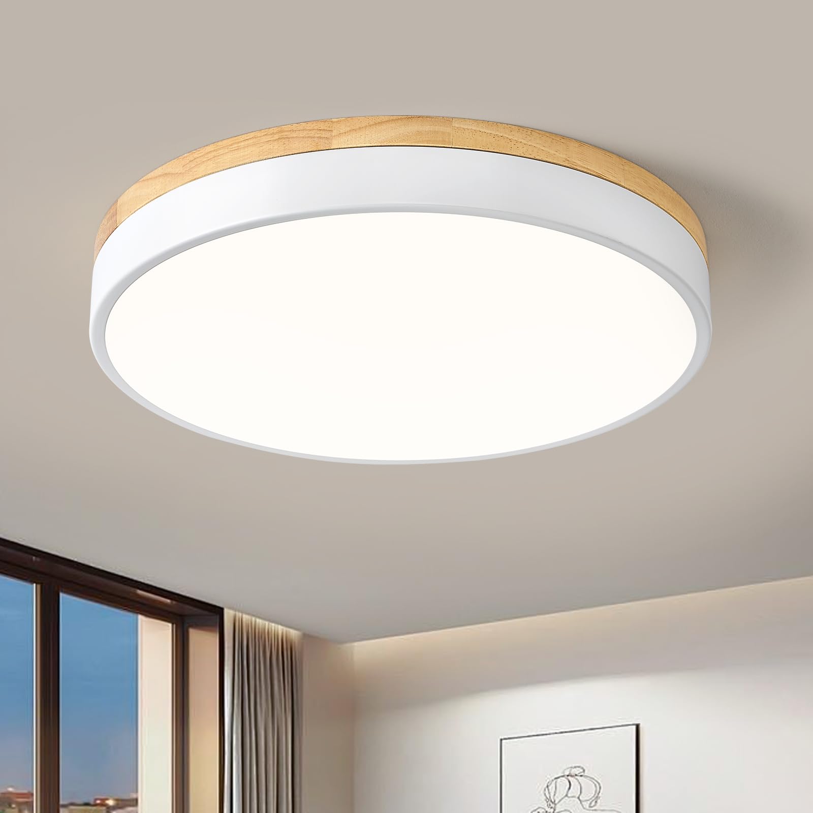 Dimmable LED Wood White Round Flush Mount Ceiling Light 15.74 Inch