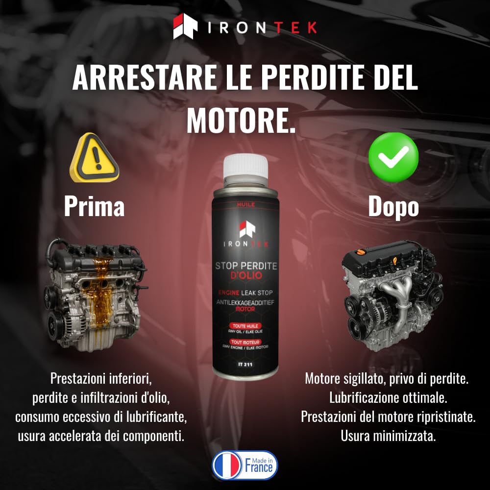 Antifuga Olio Motore - IRONTEK - 300ml | IT211 | Sigilla Perdite Olio | Ripristina Guarnizioni | Benzina Diesel GPL Ibrido