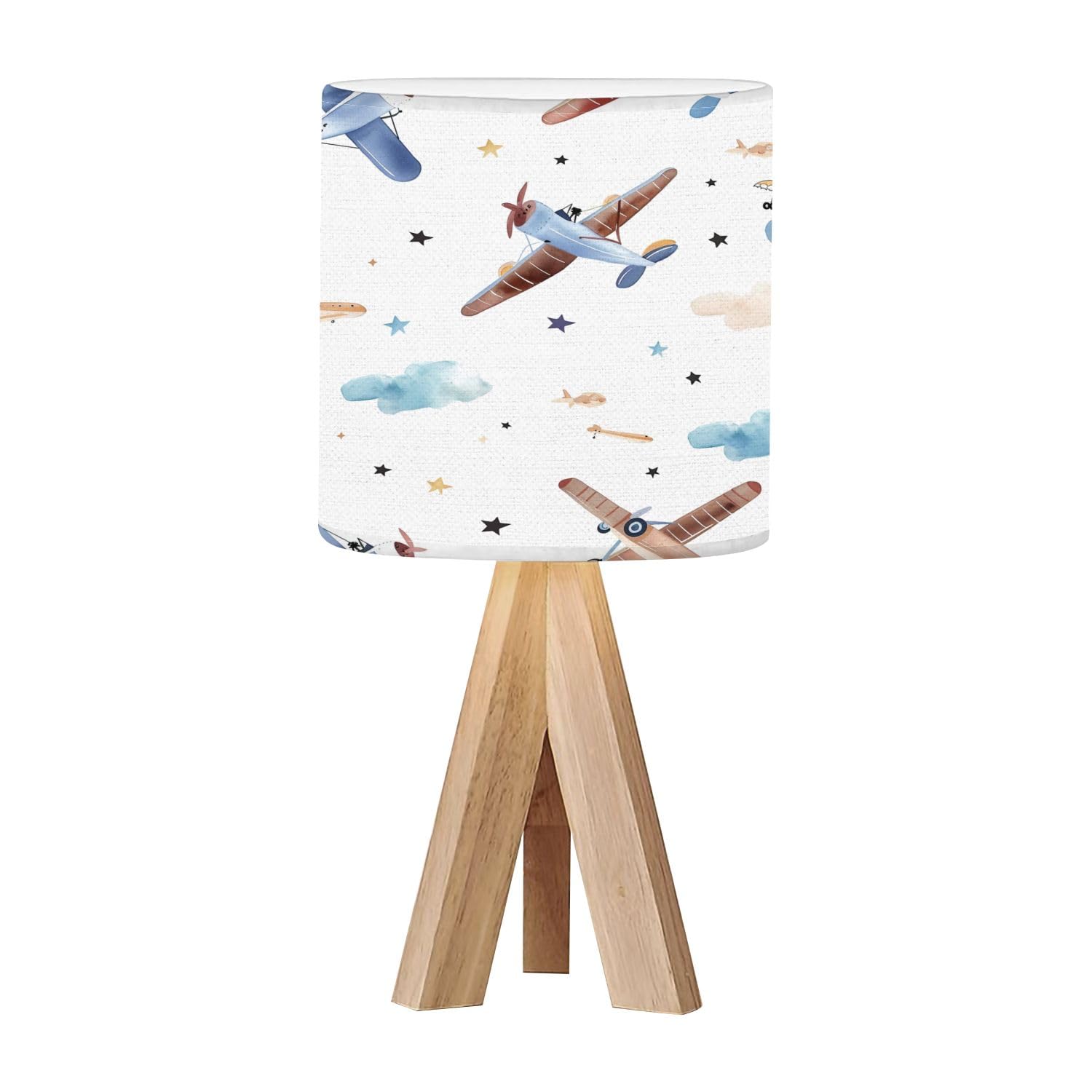 OEPWQIWEPZ Tripod Bedside Desk Table Lamp Cute Kids Watercolor Pattern for boy Airplanes Clouds Wood Nightstand Lamp with Linen Fabric Shade for Nursery Bedroom Living Room Kids Room