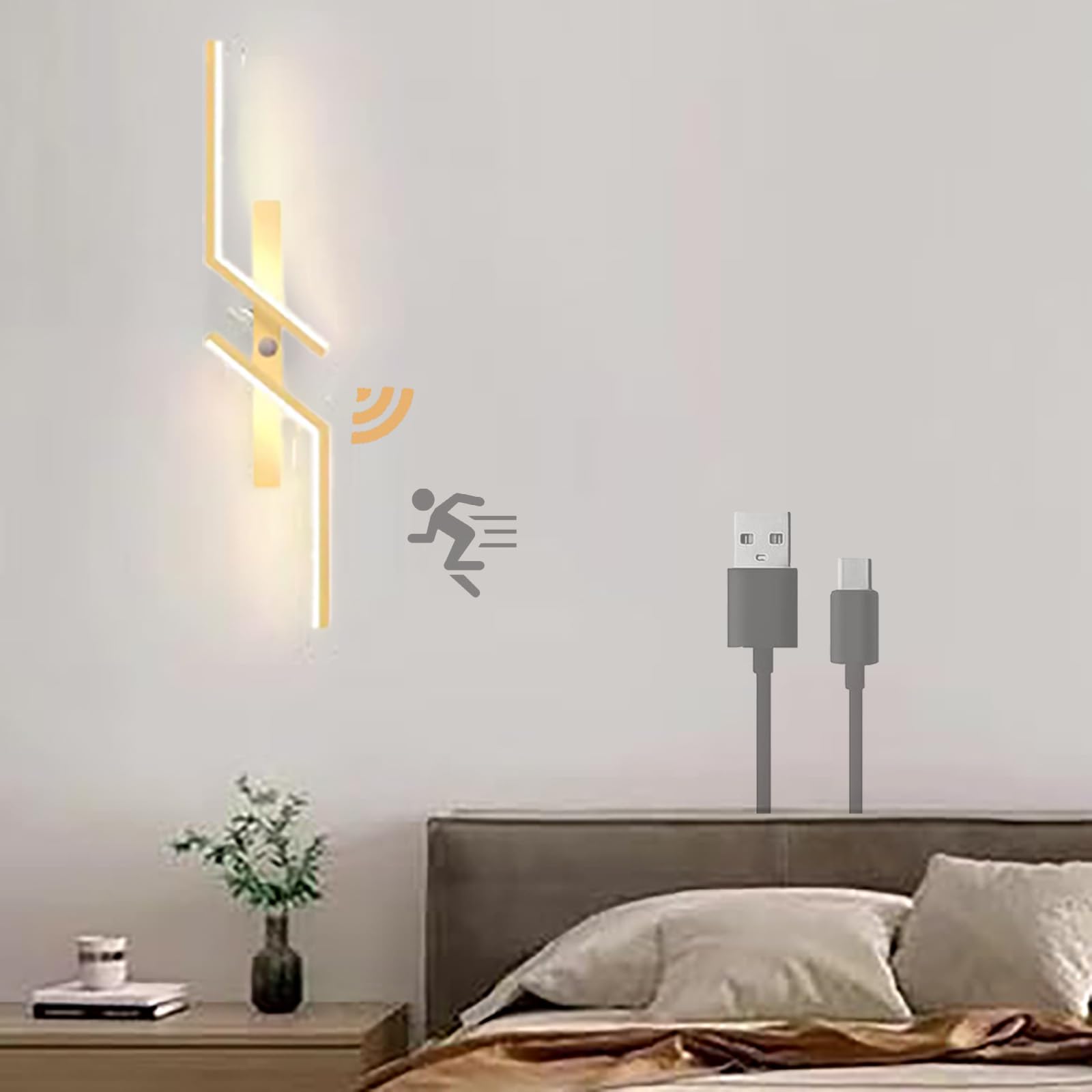 Aplique de Pared LED de Noche con Sensor de Movimiento, Moderno, Lineal, a Pilas, Tira Larga, Recargable por USB, de Metal, para pasillos y más (60 cm, luz Blanca Dorada). Learned (luz Neutra Negra,